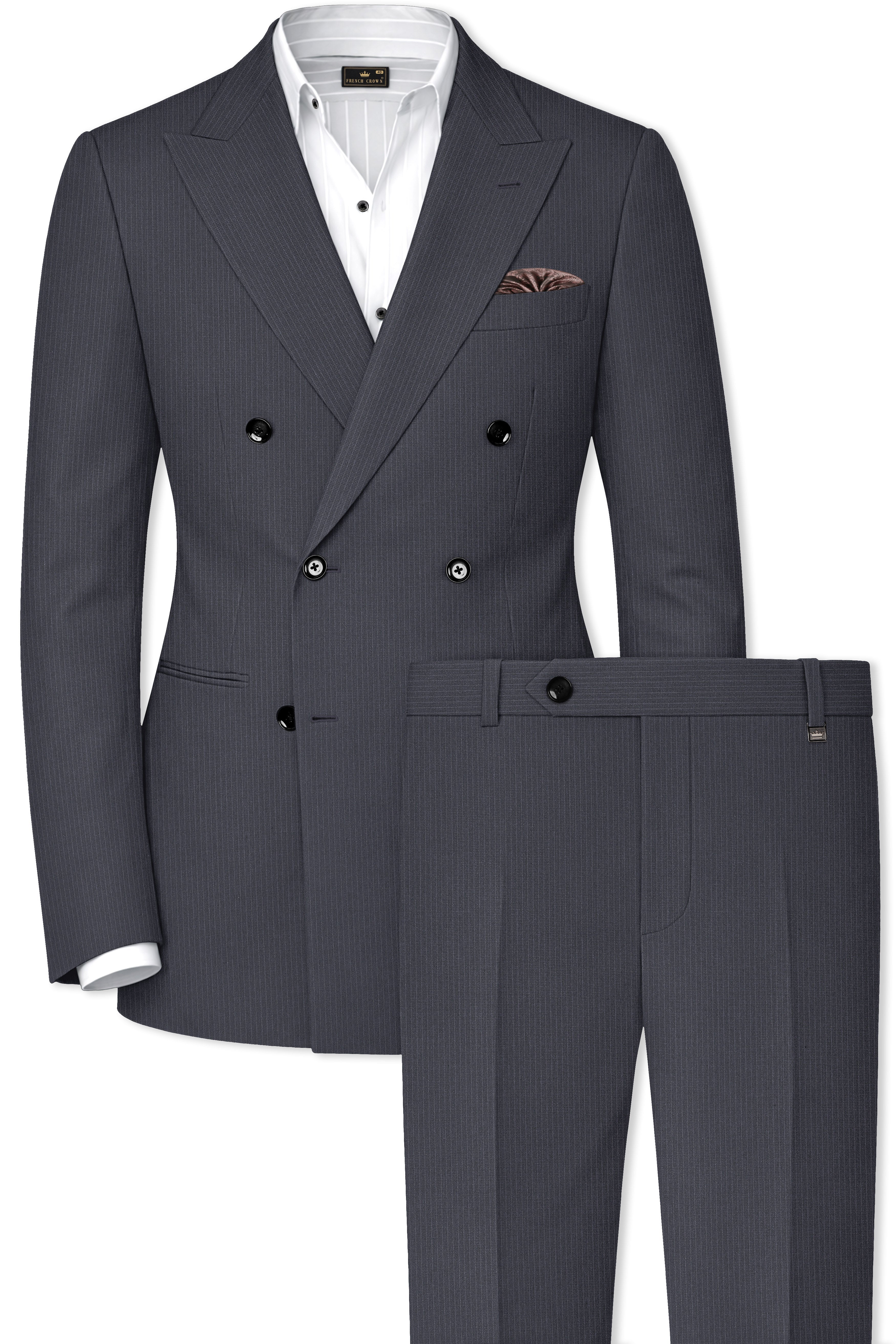 Monvex-Tuna Gray Pencil Striped Wool Rich Slight Stretch Double Breasted Suit