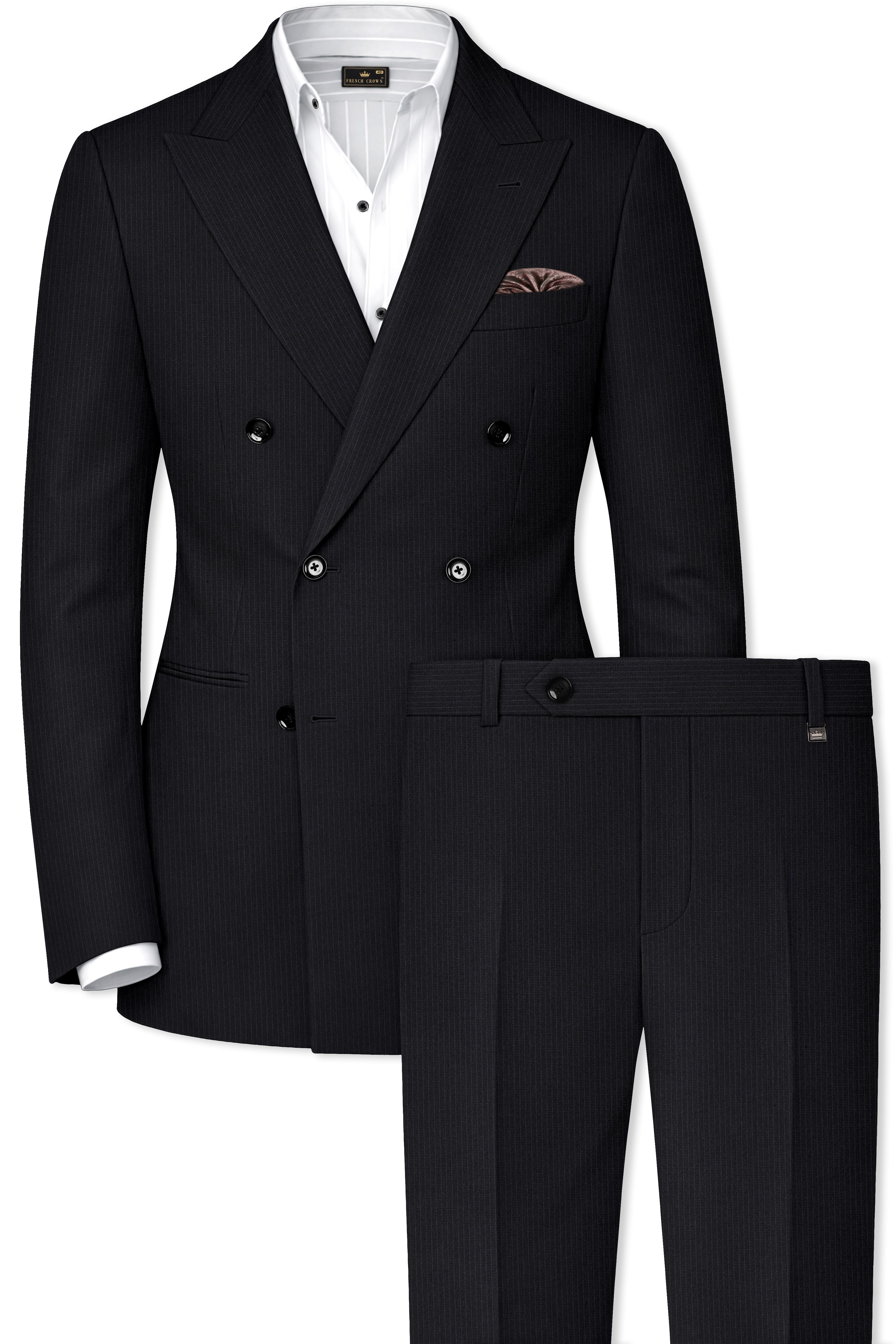 Noir-Jade Black Pencil Striped Wool Rich Slight Stretch Double Breasted Suit