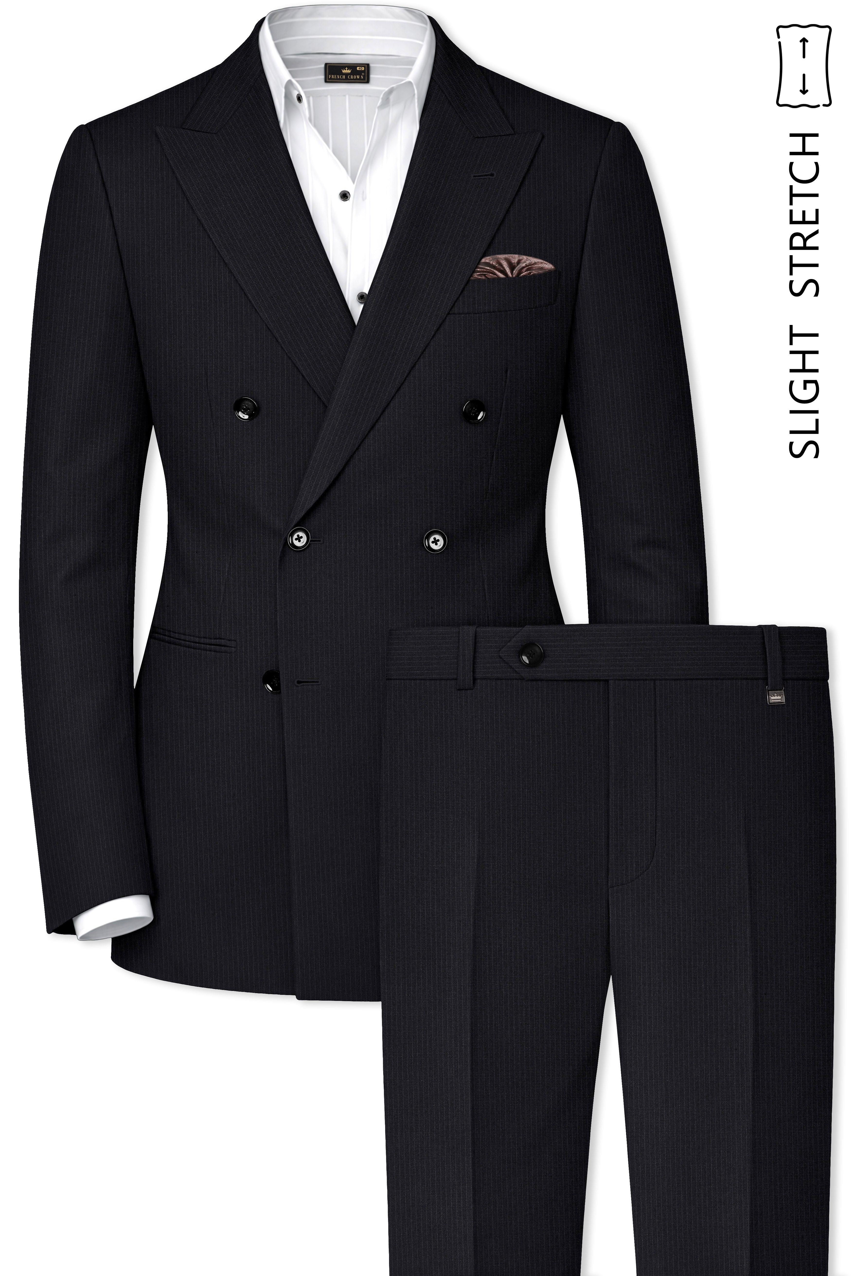 Noir-Jade Black Pencil Striped Wool Rich Slight Stretch Double Breasted Suit