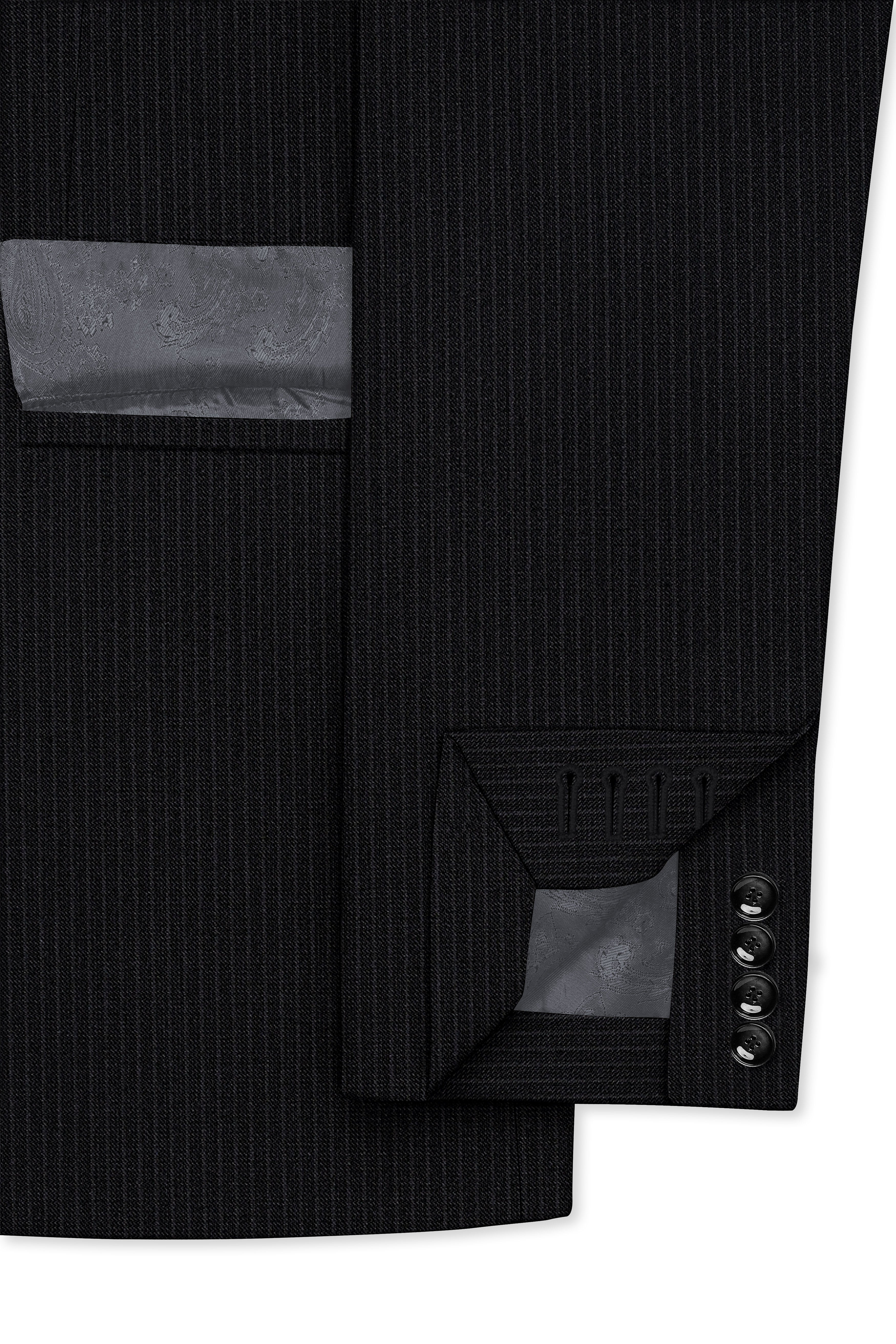 Noir-Jade Black Pencil Striped Wool Rich Slight Stretch Double Breasted Suit