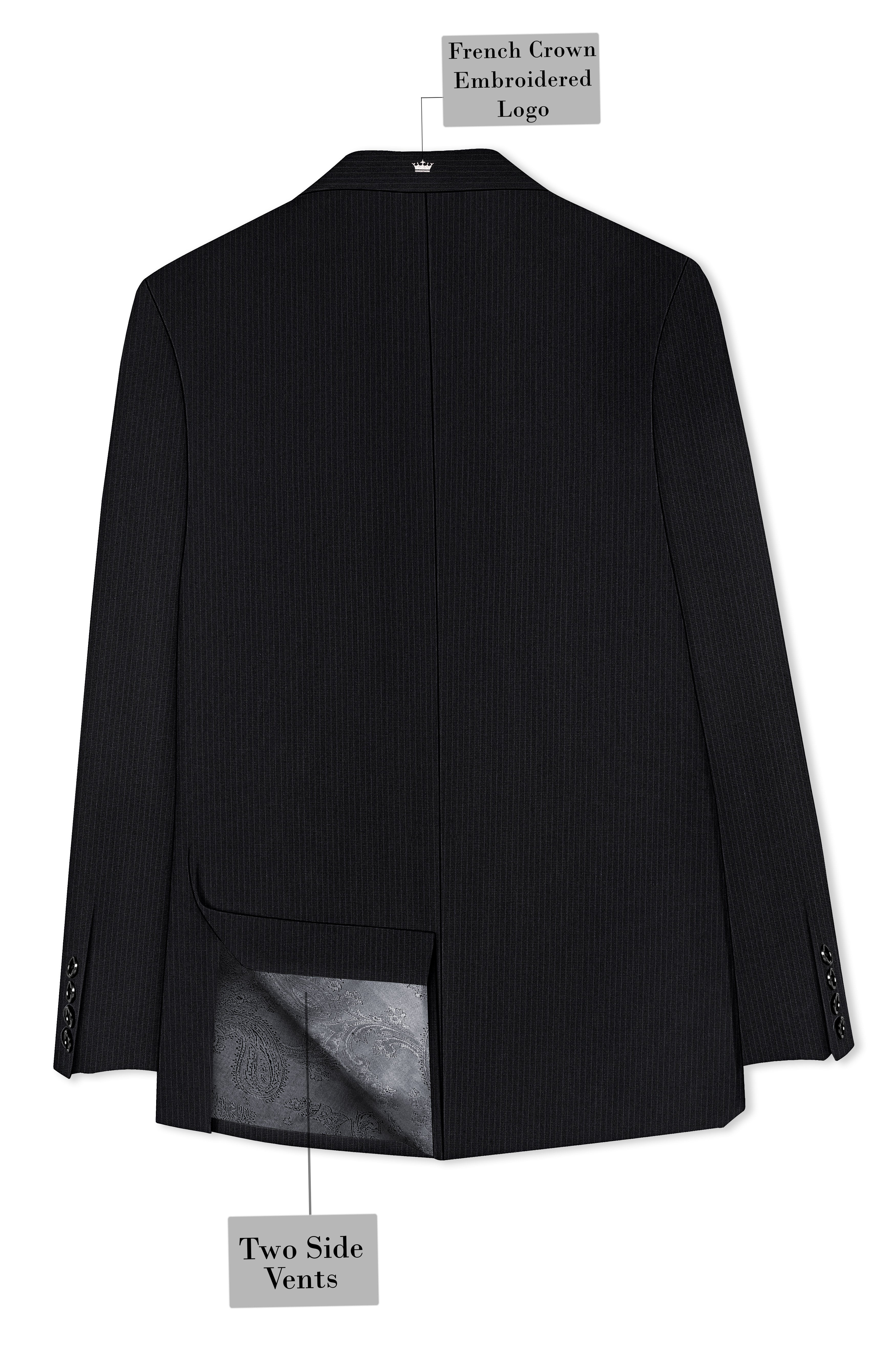 Noir-Jade Black Pencil Striped Wool Rich Slight Stretch Double Breasted Suit