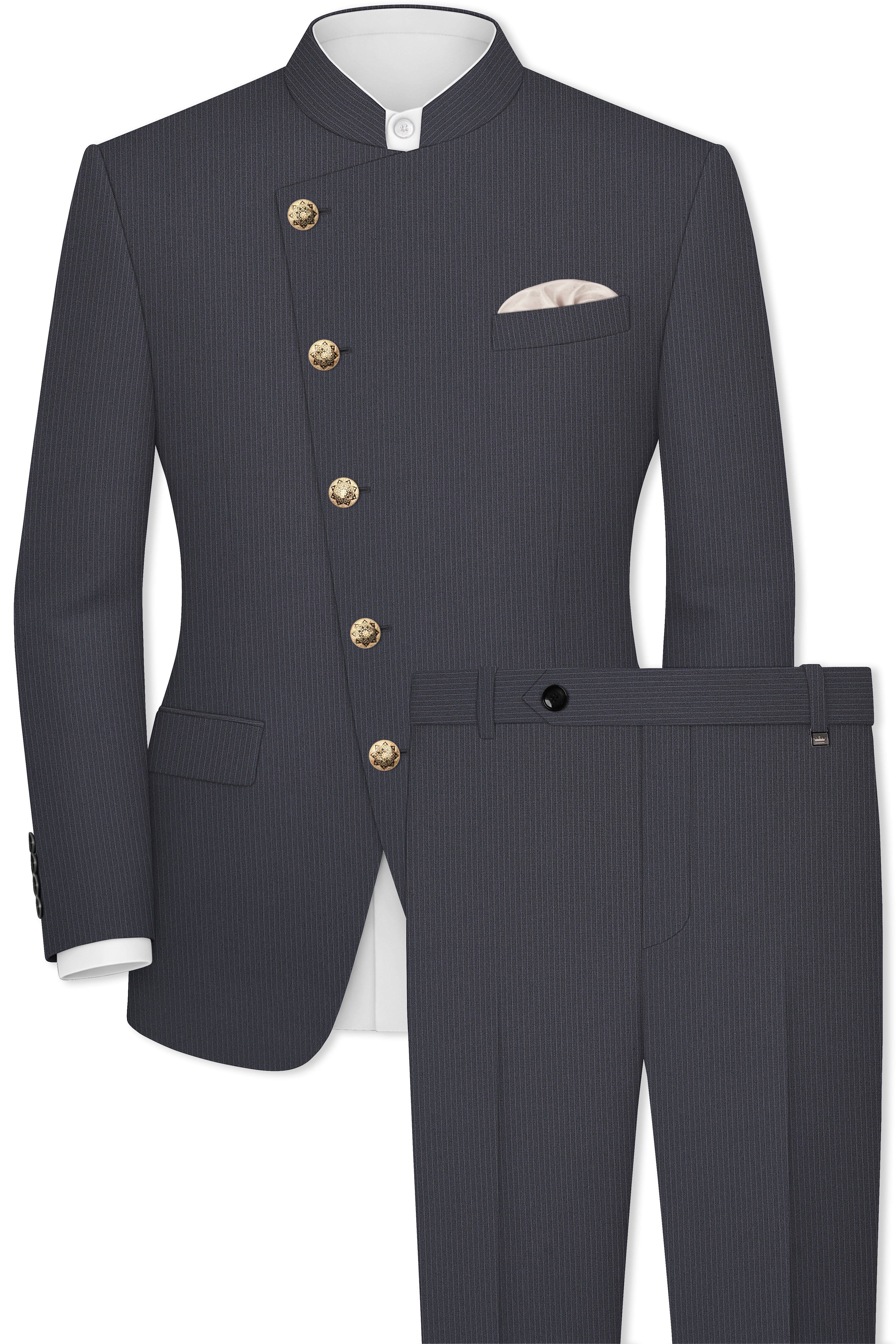 Monvex-Tuna Gray Pencil Striped Wool Rich Slight Stretch Cross Placket Bandhgala Suit