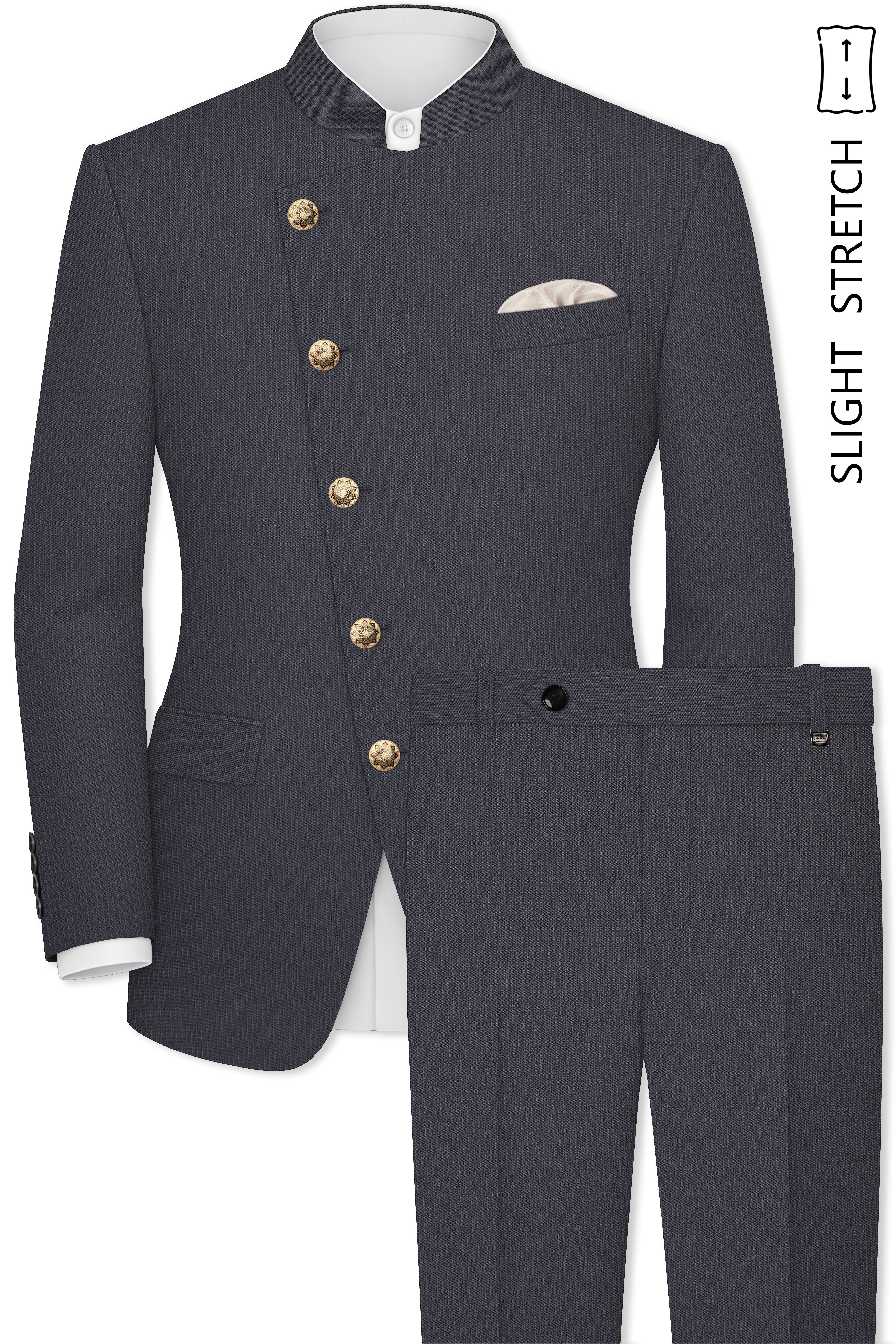 Monvex-Tuna Gray Pencil Striped Wool Rich Slight Stretch Cross Placket Bandhgala Suit