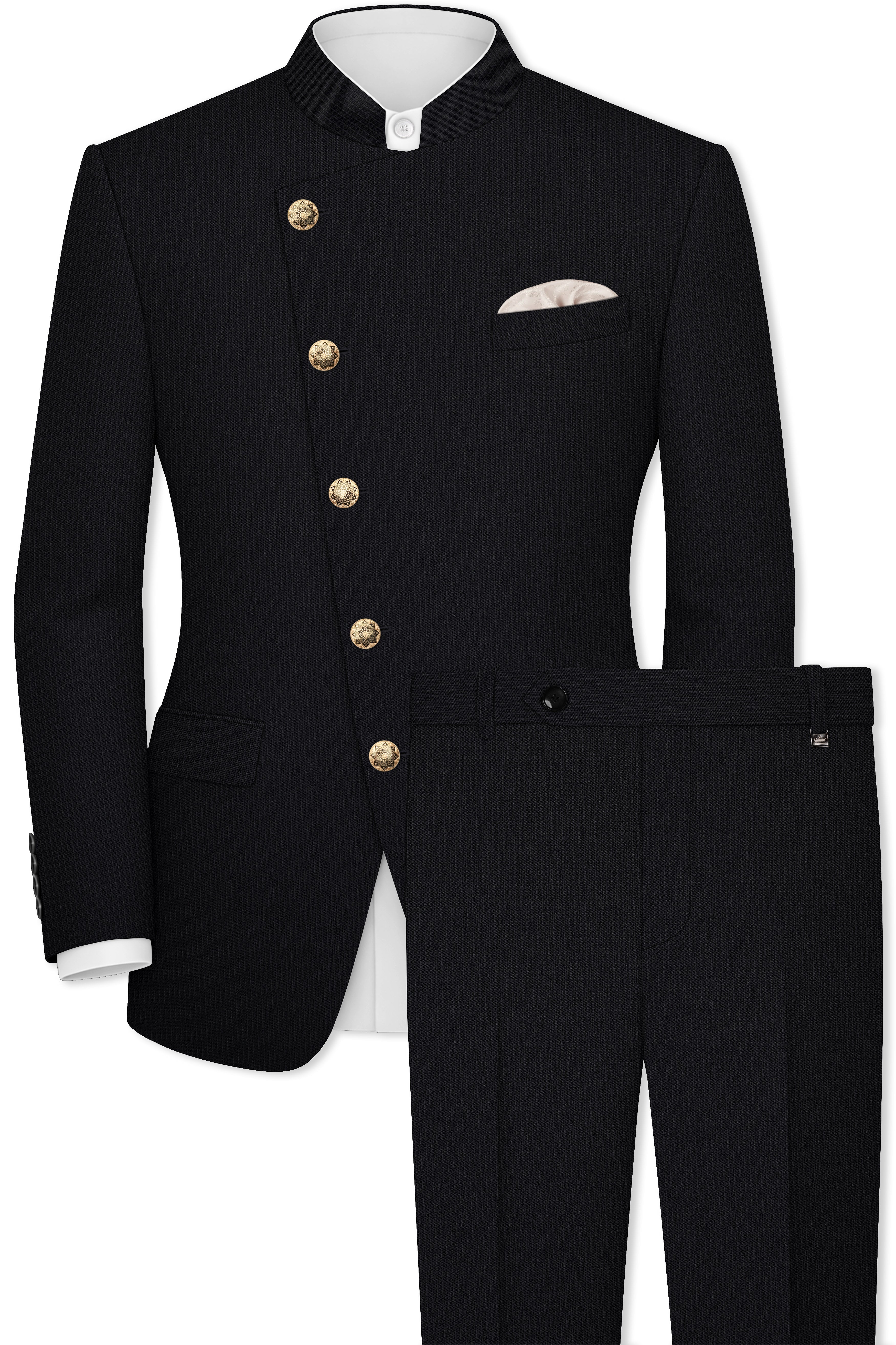 Noir-Jade Black Pencil Striped Wool Rich Slight Stretch Cross Placket Bandhgala Suit