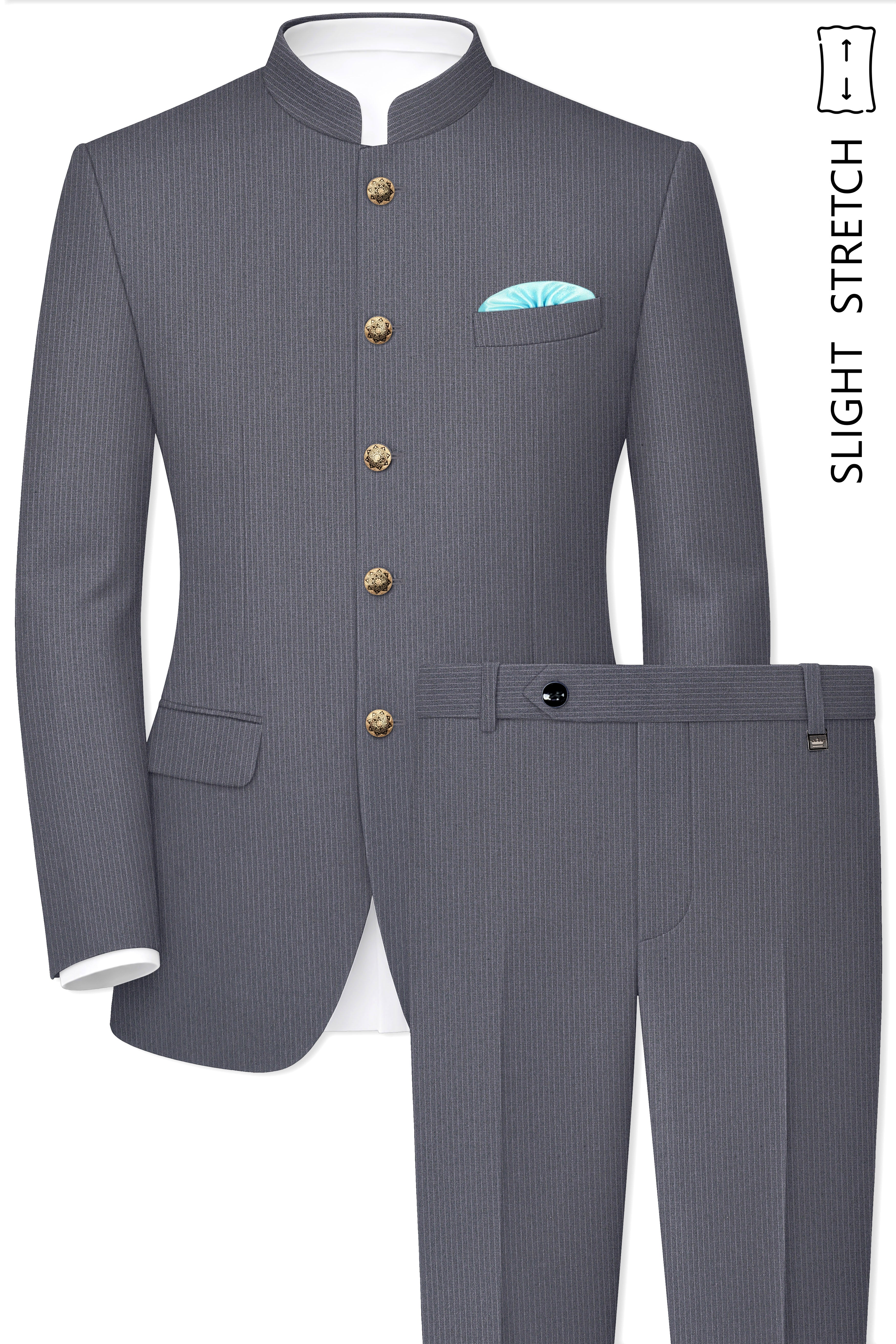 Apex-Ironside Gray Pencil Striped Wool Rich Bandhgala Slight Stretch Suit