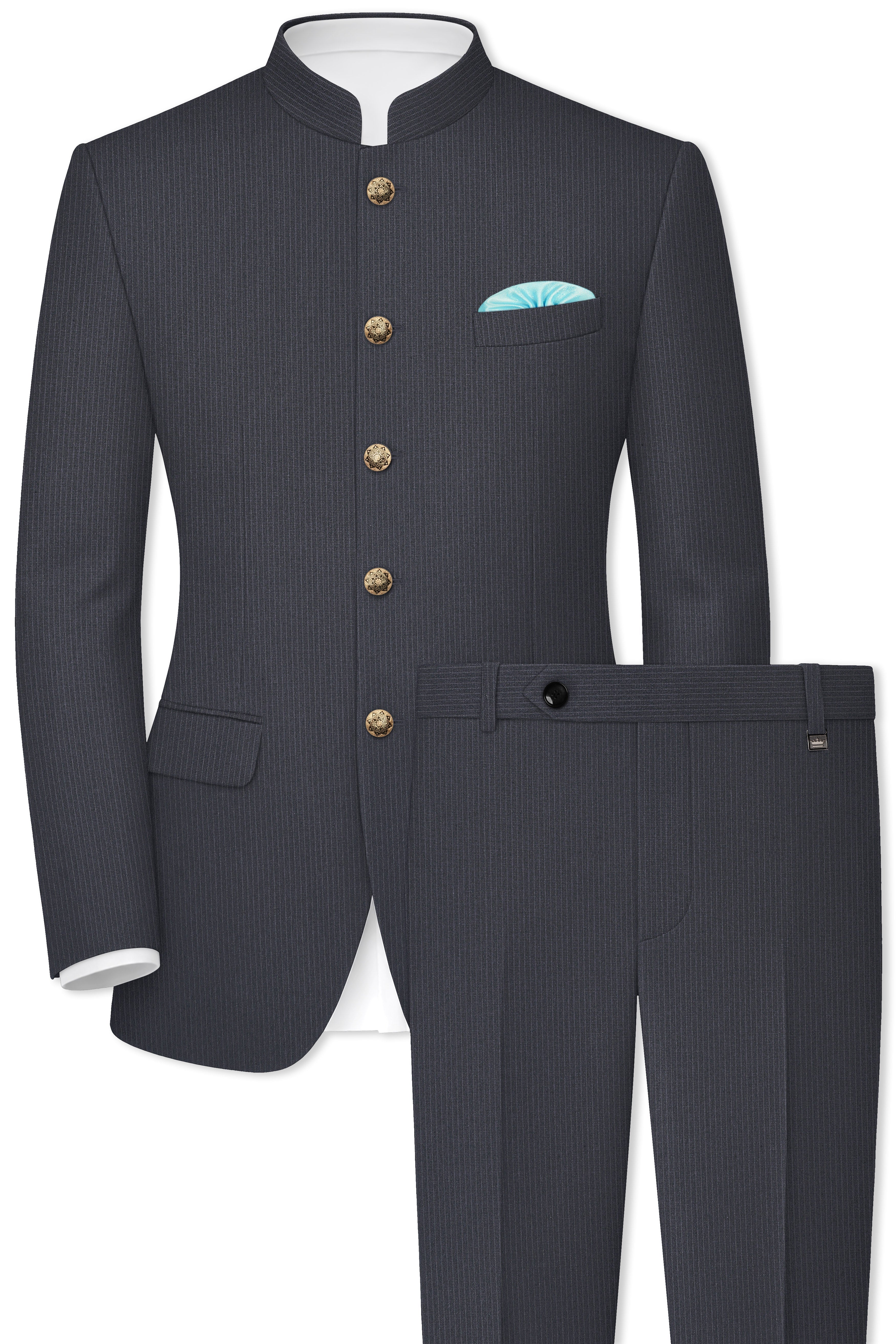 Monvex-Tuna Gray Pencil Striped Wool Rich Bandhgala Slight Stretch Suit