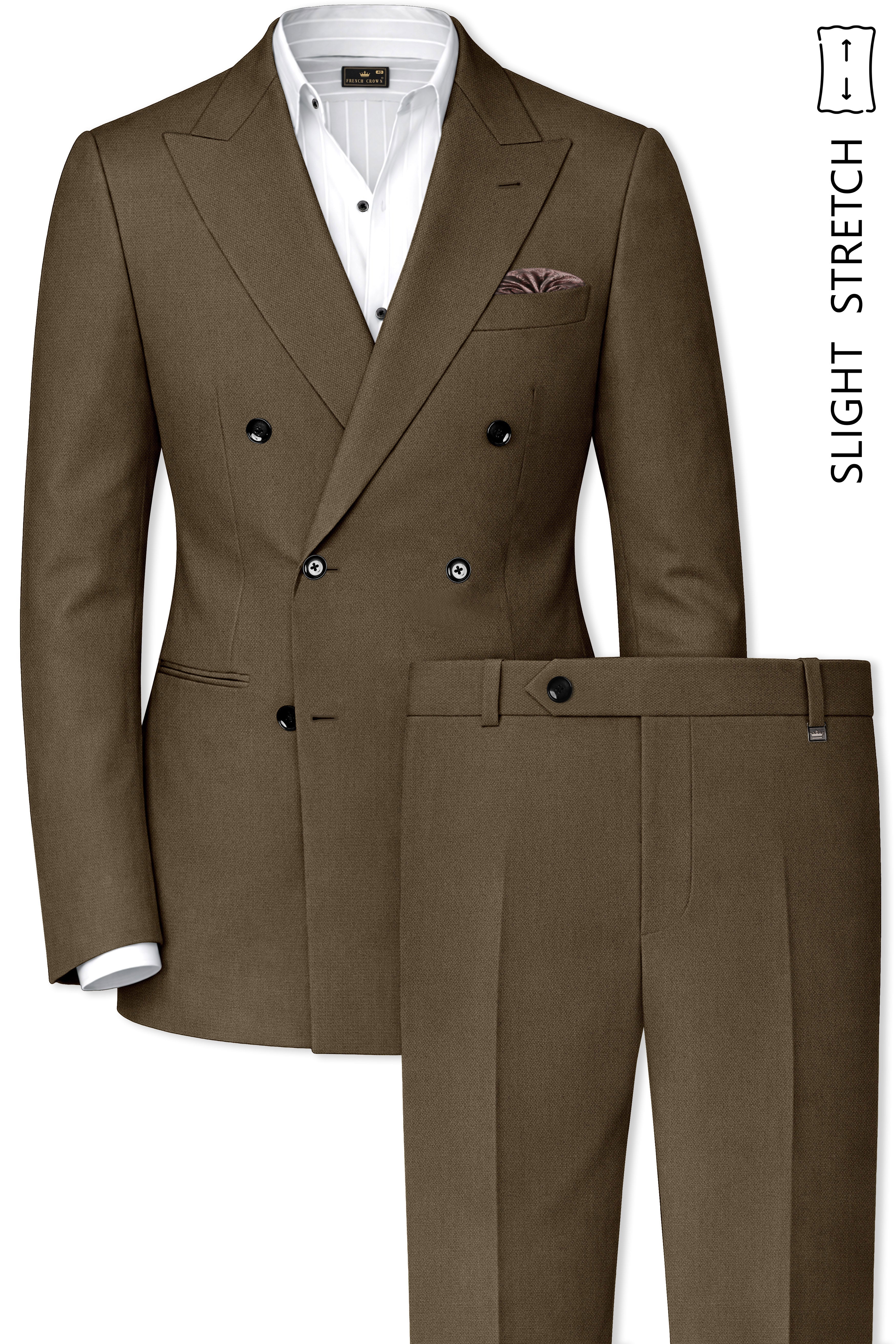 Vireo-Taupe Brown Diamond Textured Wool Rich Slight Stretch Double Breasted Suit