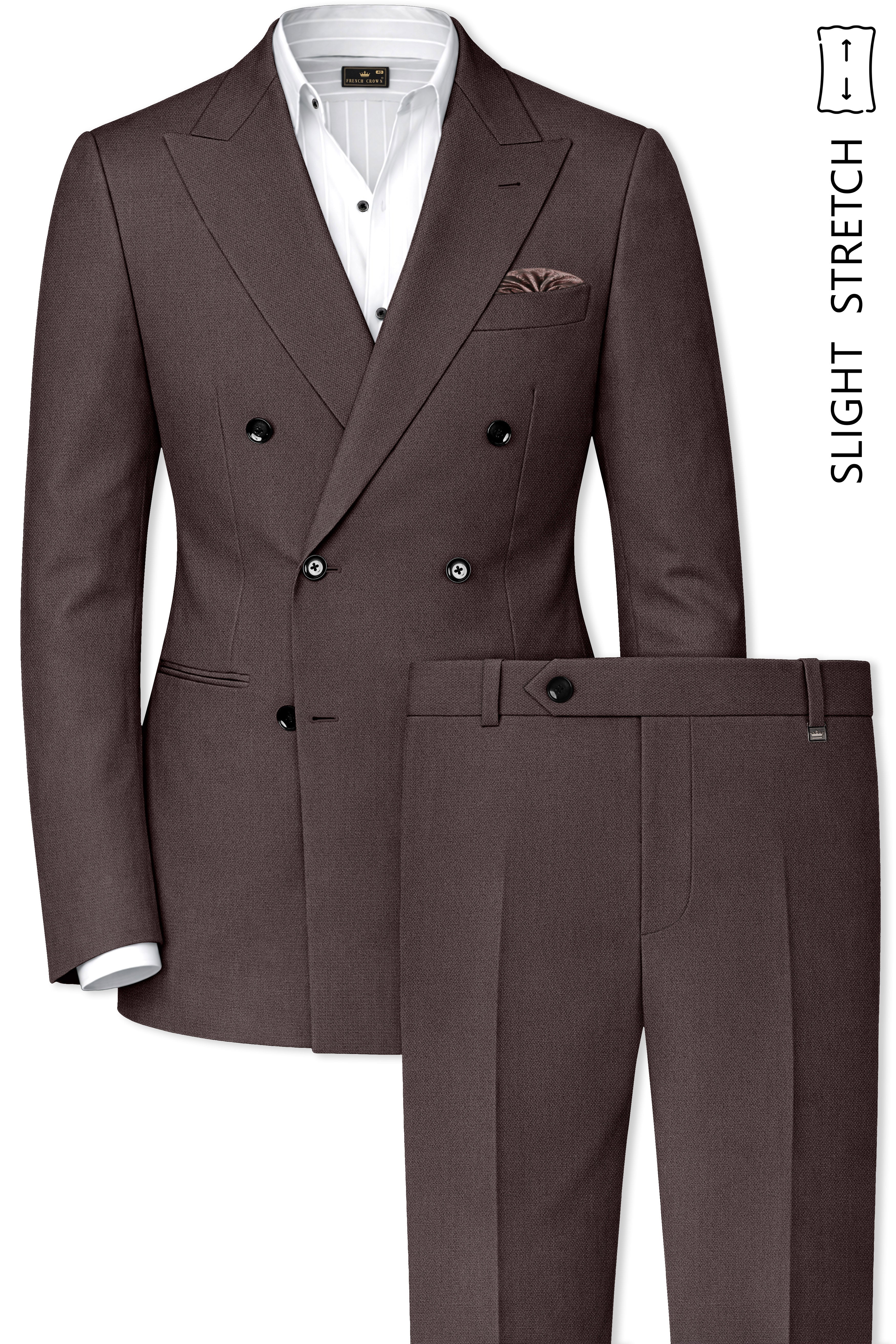 Estate-Fuscous Brown Diamond Textured Wool Rich Slight Stretch Double Breasted Suit