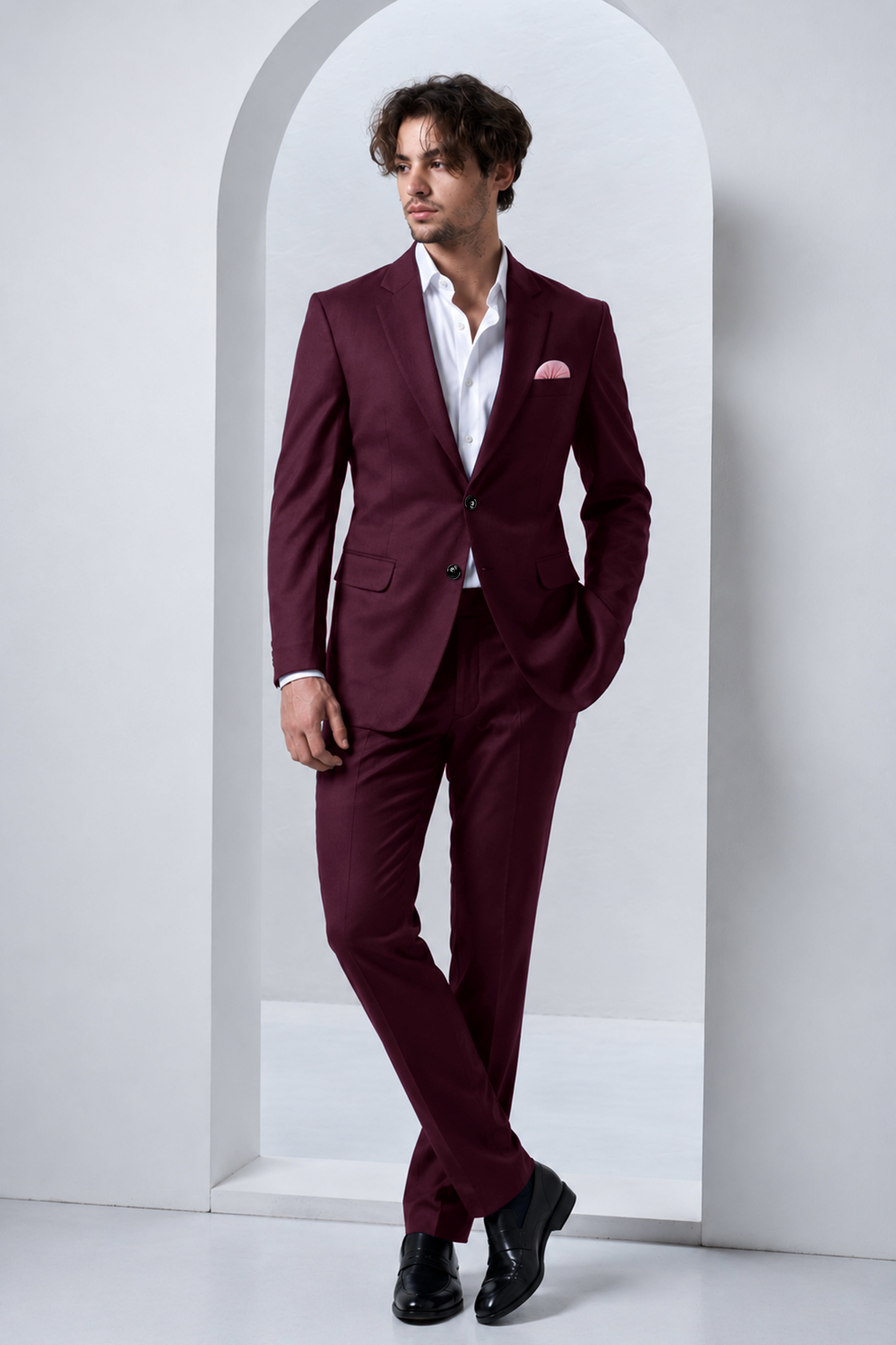 Veltrix-Korean Aubergine Maroon 4-Way Stretch Wrinkle-Free Fluid Drape Fabric Single Breasted Suit