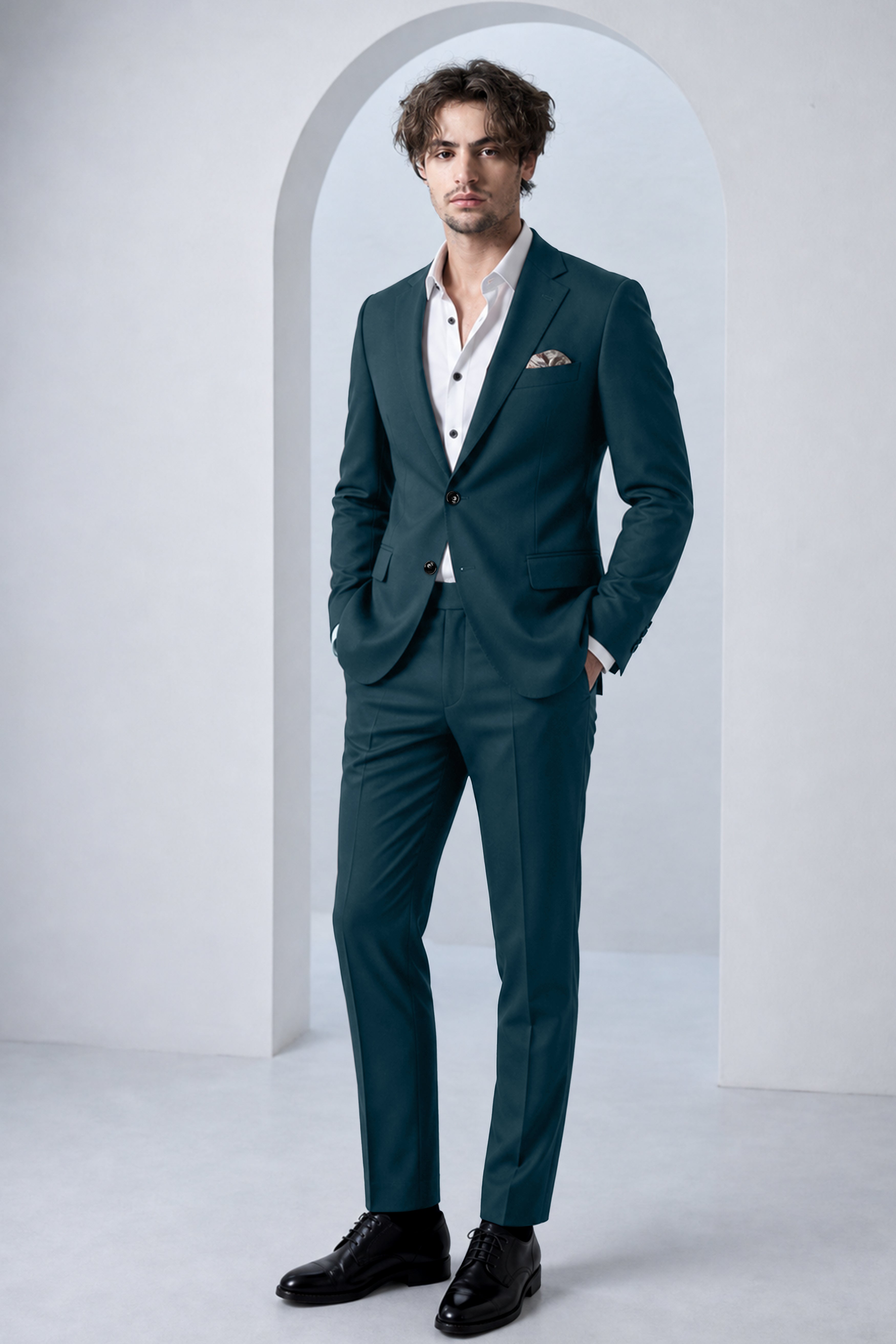 Navaro-Korean Gable Blue 4-Way Stretch Wrinkle-Free Fluid Drape Fabric Single Breasted Suit