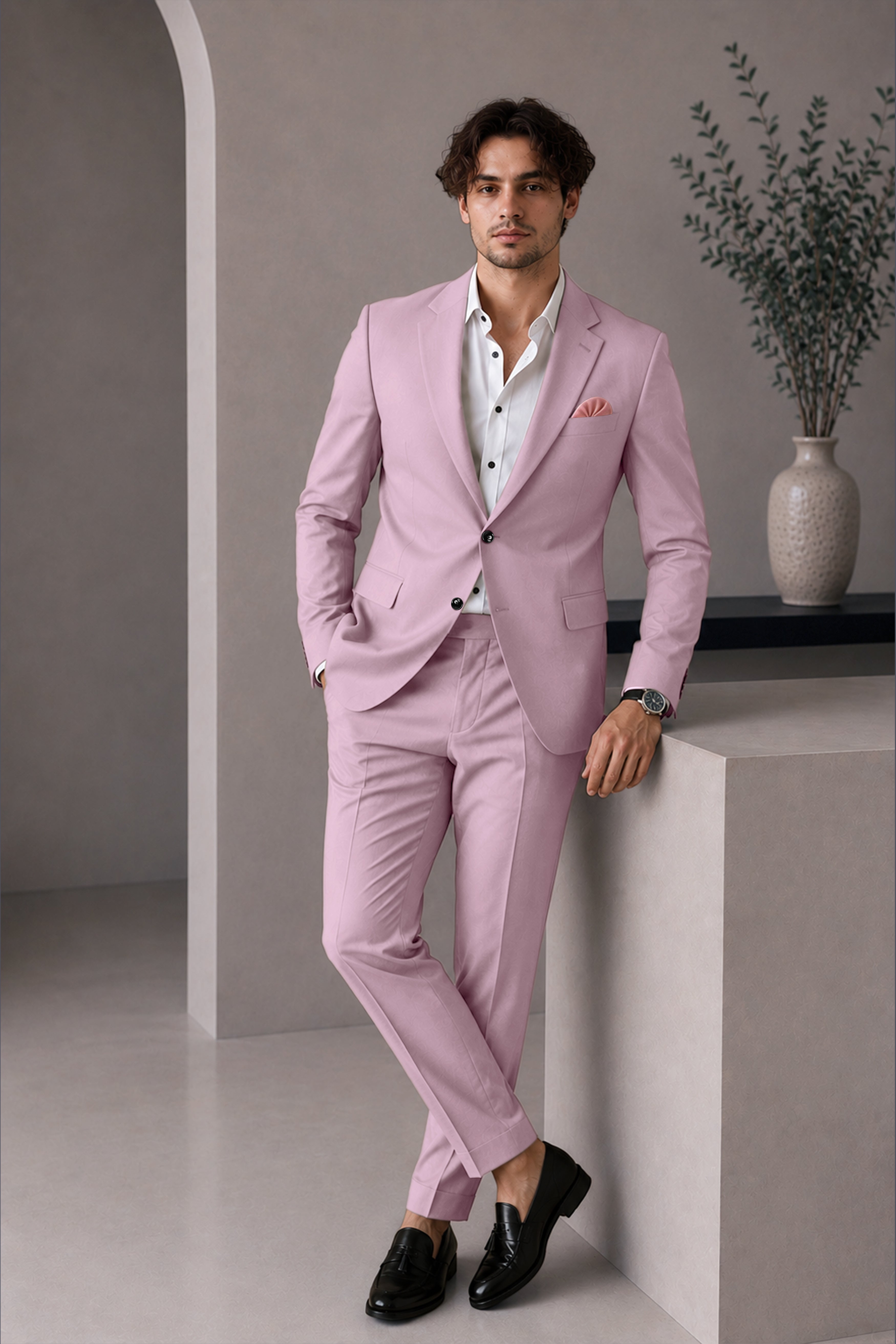 Allure-Korean Blossom Pink 4-Way Stretch Wrinkle-Free Fluid Drape Fabric Single Breasted Suit