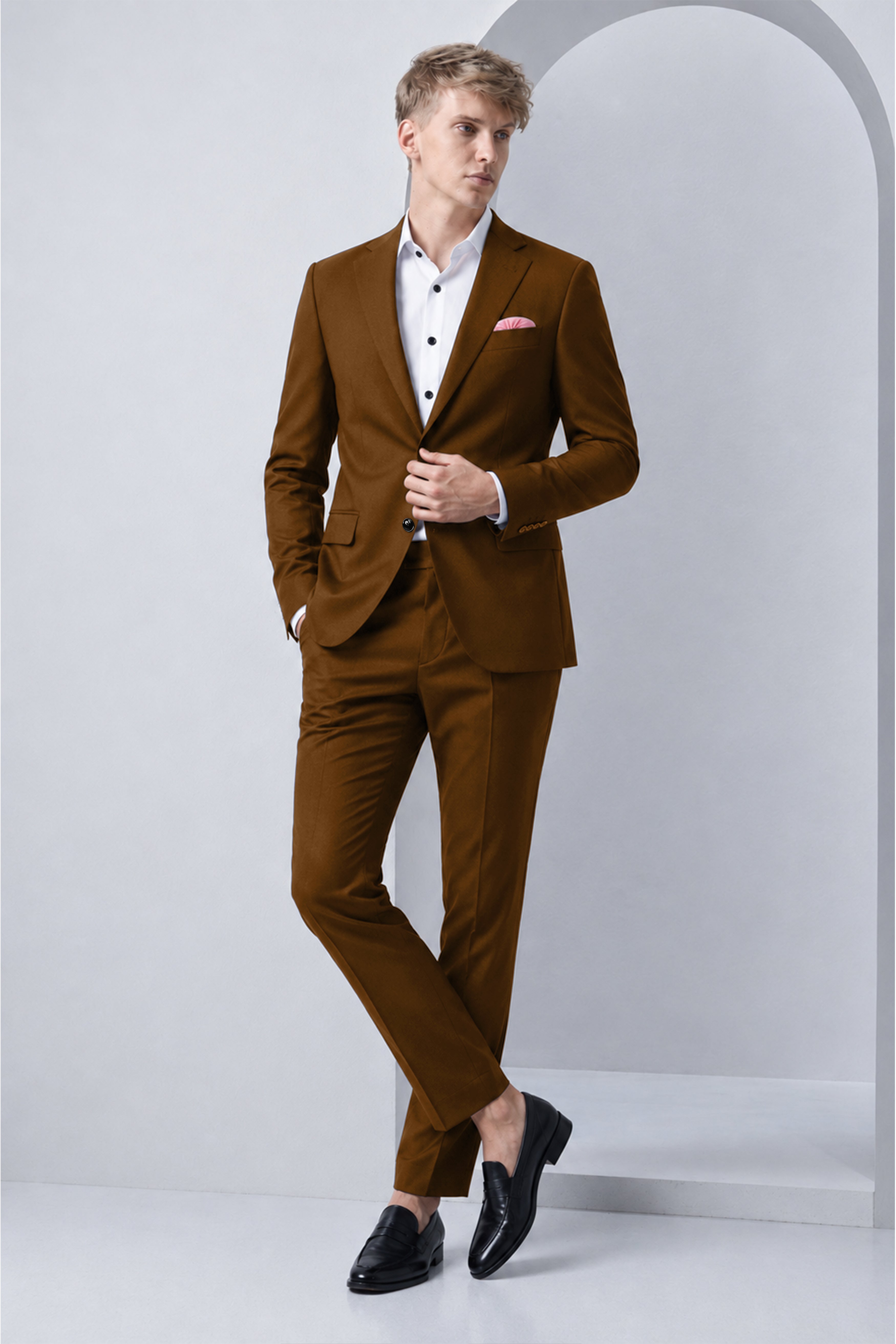 Sienna-Korean Derby Brown 4-Way Stretch Wrinkle-Free Fluid Drape Fabric Single Breasted Suit