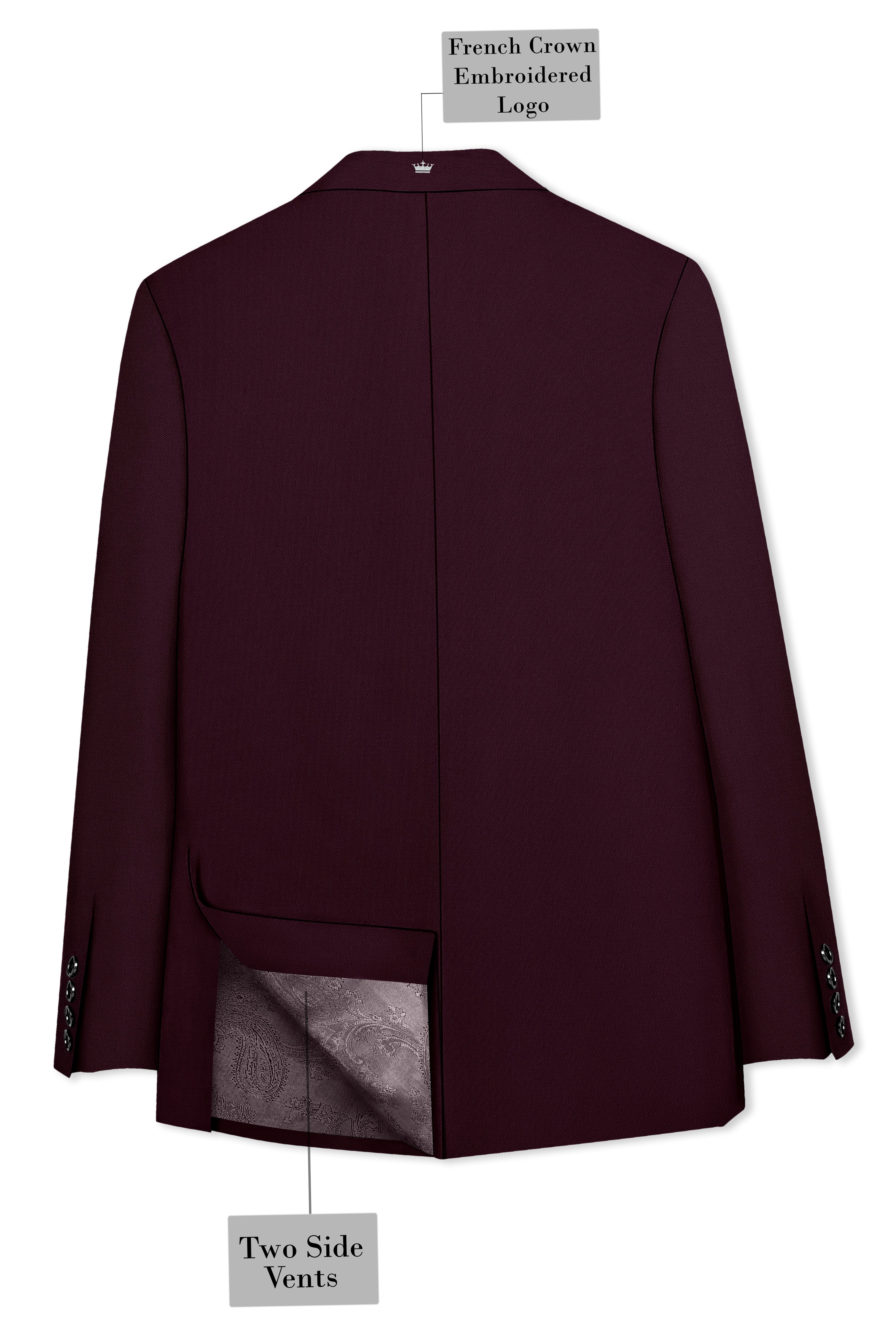 Veltrix-Korean Aubergine Maroon 4-Way Stretch Wrinkle-Free Fluid Drape Fabric Double Breasted Blazer