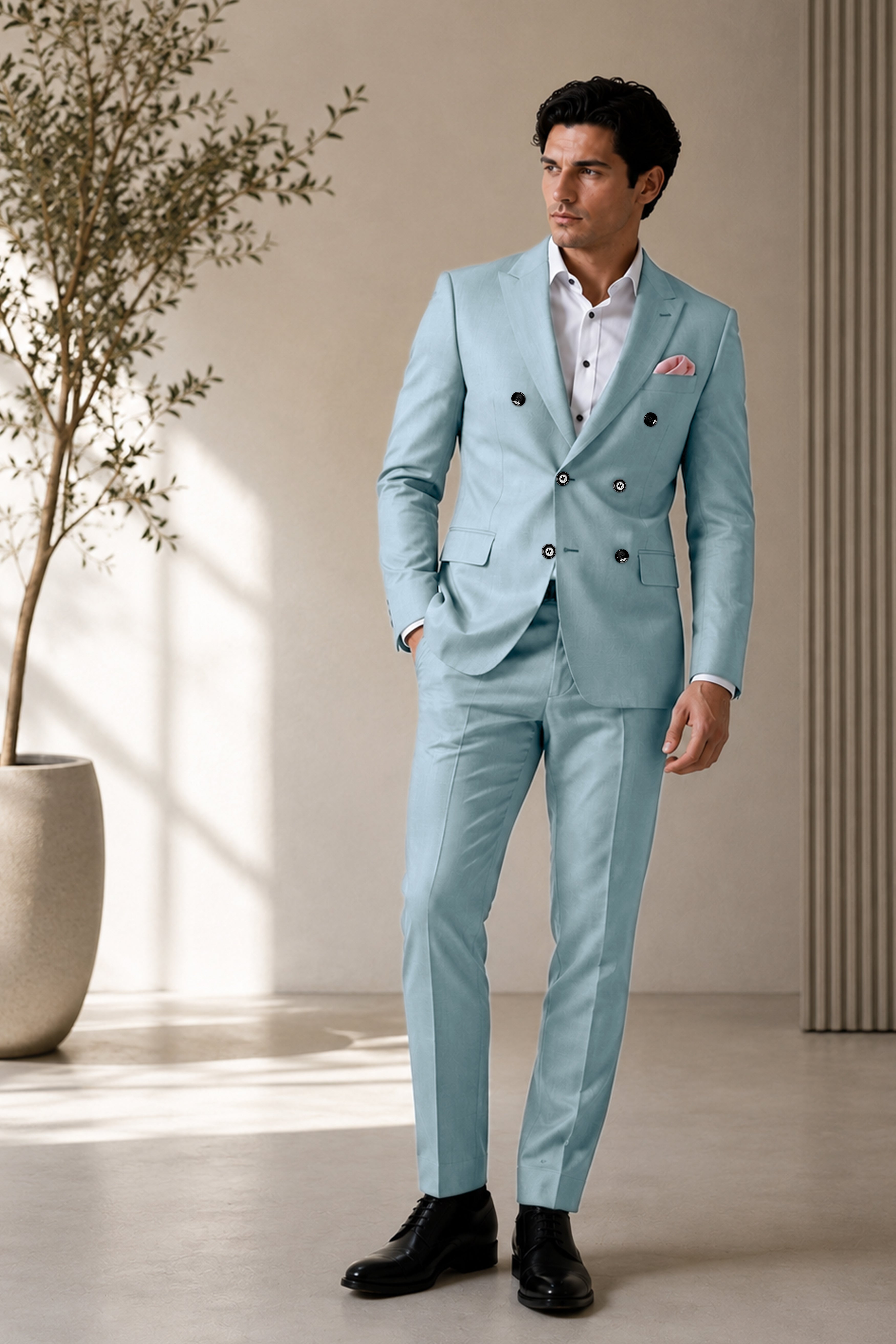 Pewter-Korean Chateau gray 4-Way Stretch Wrinkle-Free Fluid Drape Fabric Double Breasted Suit