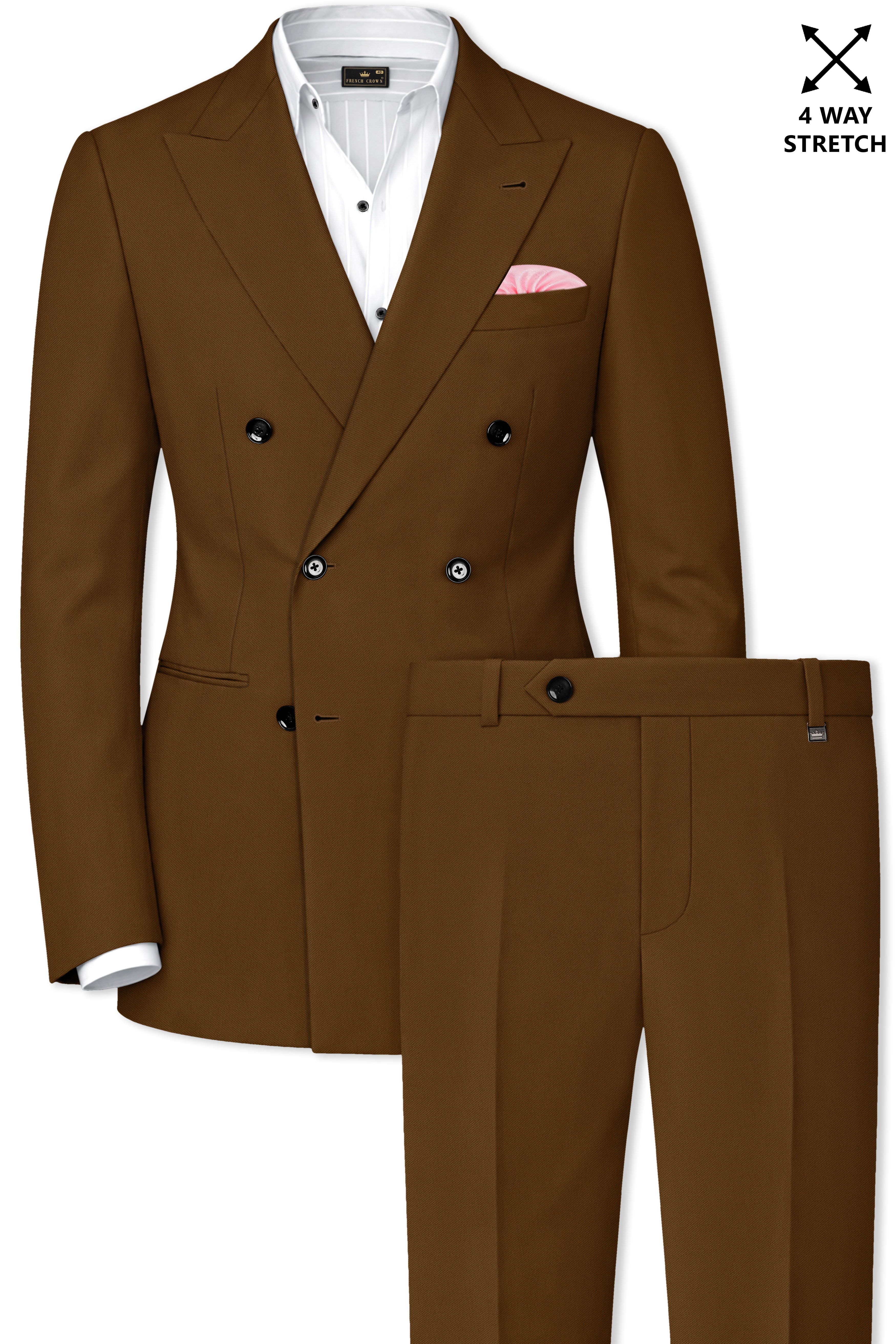 Sienna-Korean Derby Brown 4-Way Stretch Wrinkle-Free Wool Rich Double Breasted Suit