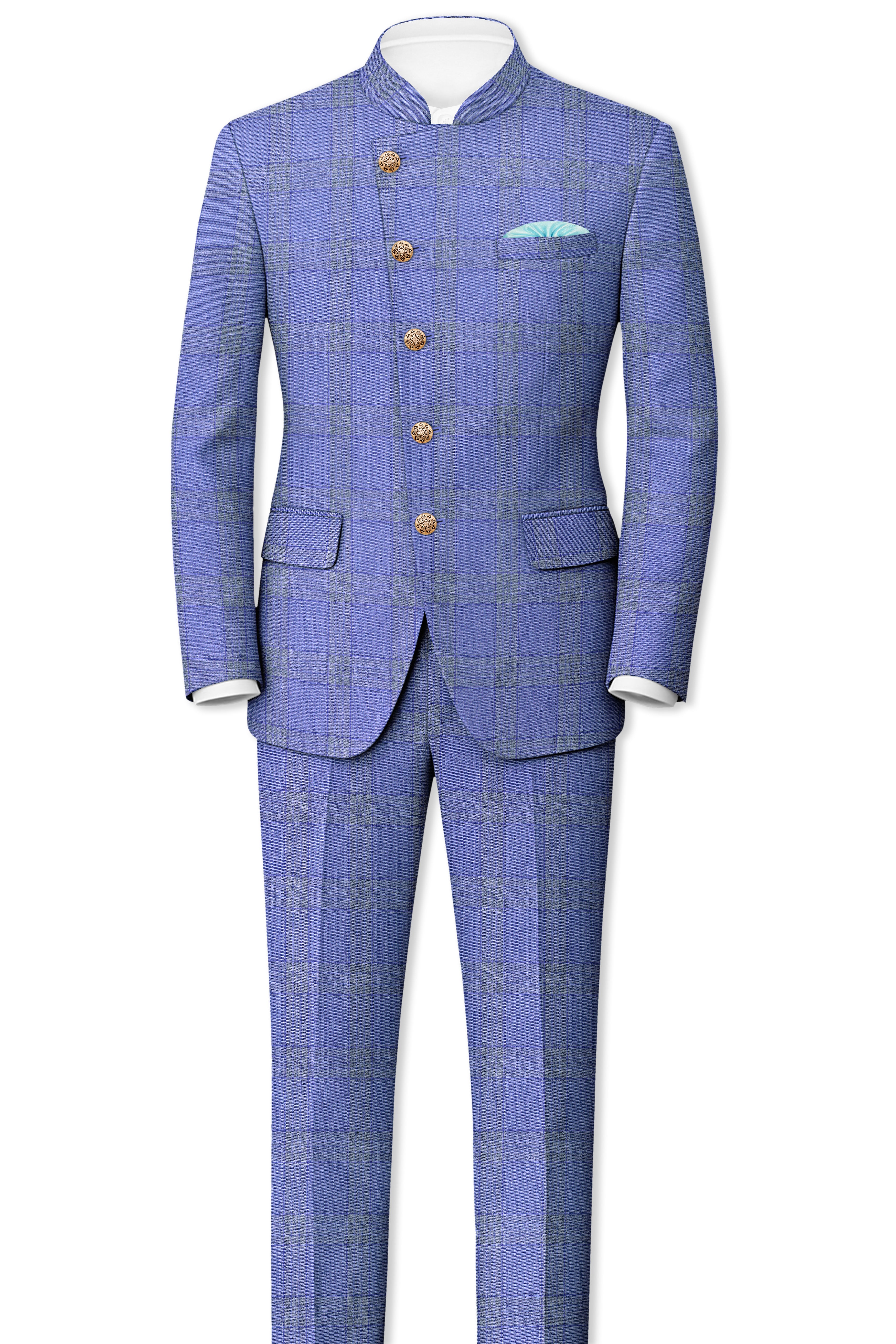 Cobalt-Scampi Blue Plaid Wool Rich Cross Placket Bandhgala Suit
