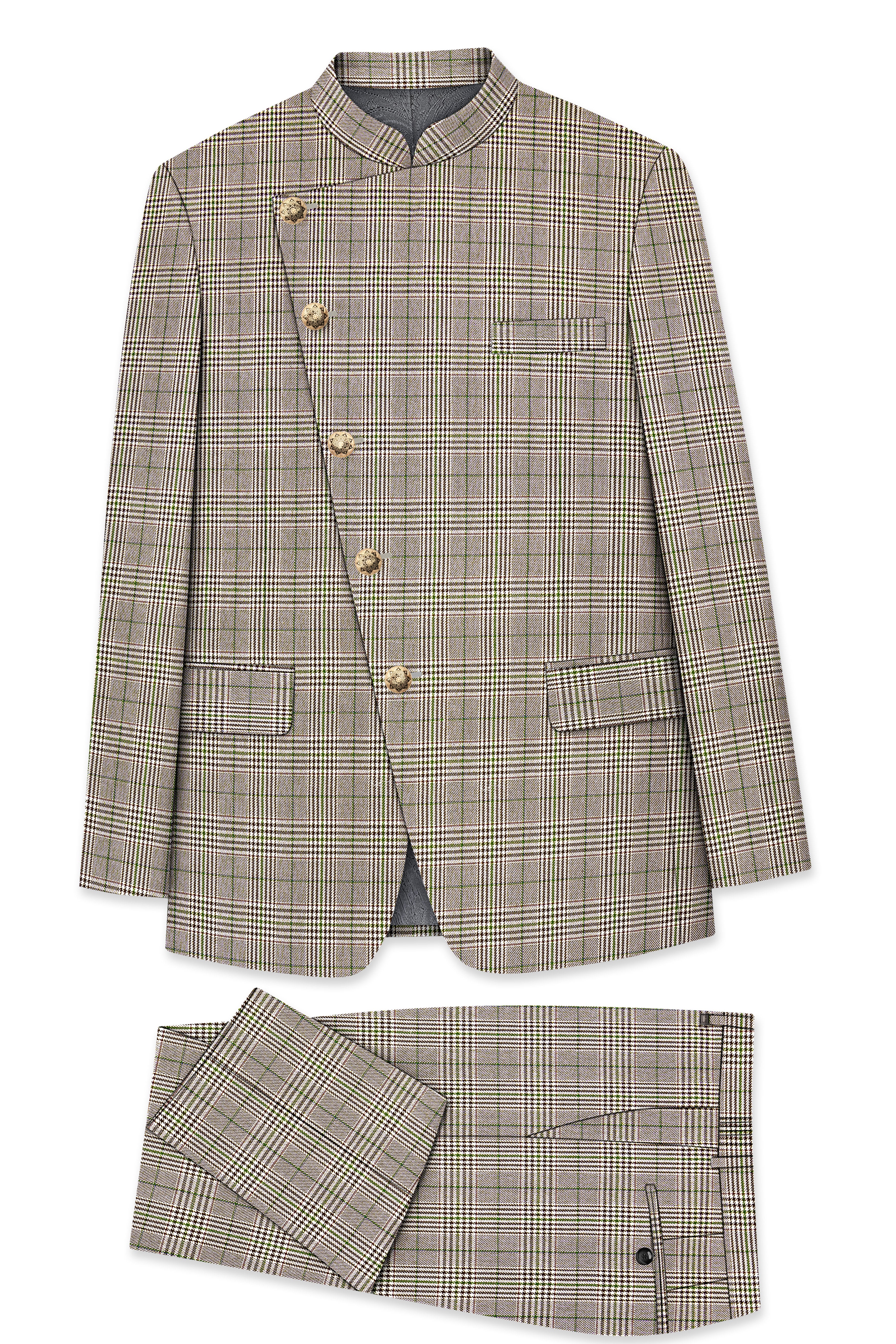 Nawab-Tundora Brown Plaid Wool Rich Cross Placket Bandhgala Suit ST5451-CBG-36, ST5451-CBG-38, ST5451-CBG-40, ST5451-CBG-42, ST5451-CBG-44, ST5451-CBG-46, ST5451-CBG-48, ST5451-CBG-50, ST5451-CBG-52, ST5451-CBG-54, ST5451-CBG-56, ST5451-CBG-58, ST5451-CBG-60