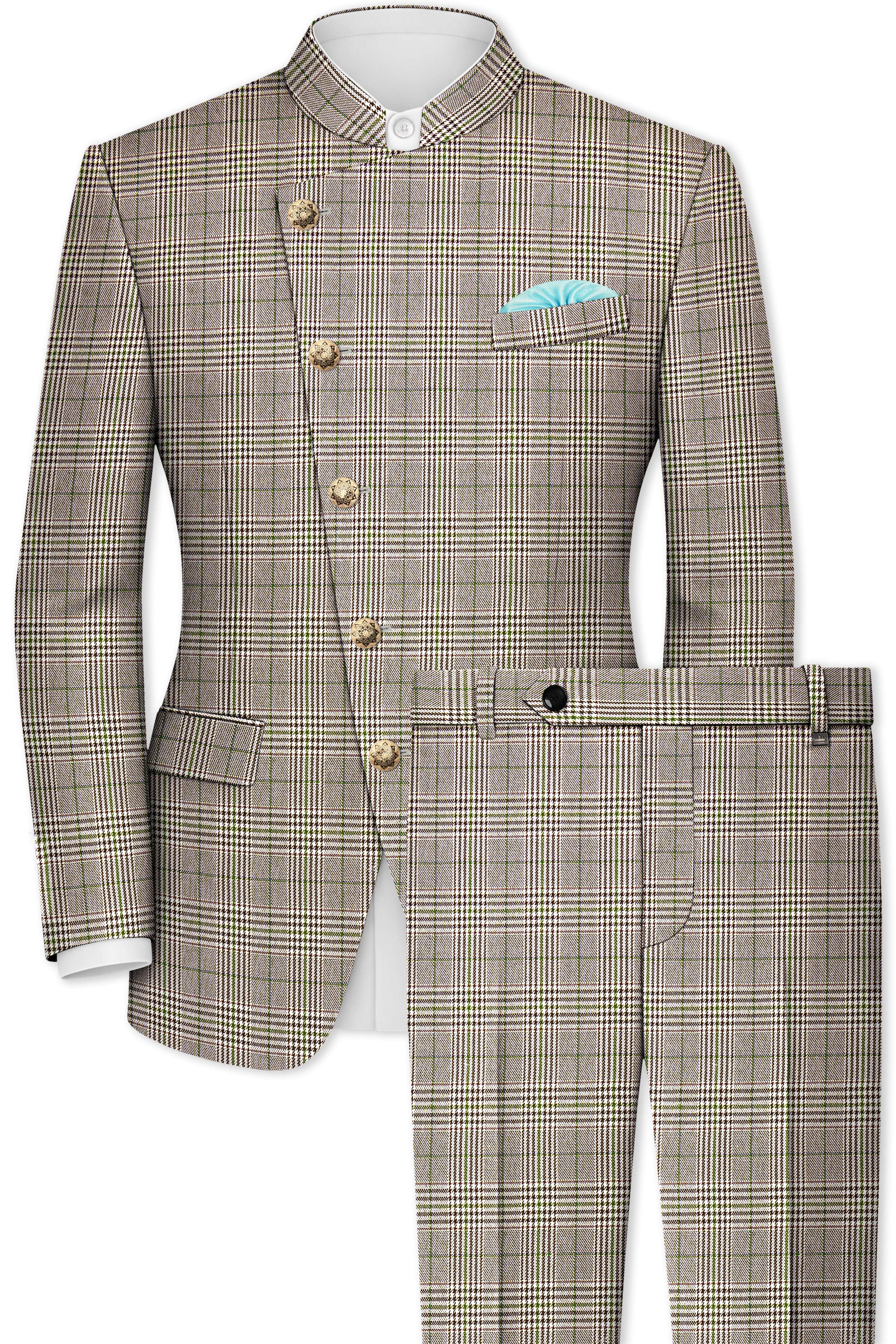 Nawab-Tundora Brown Plaid Wool Rich Cross Placket Bandhgala Suit