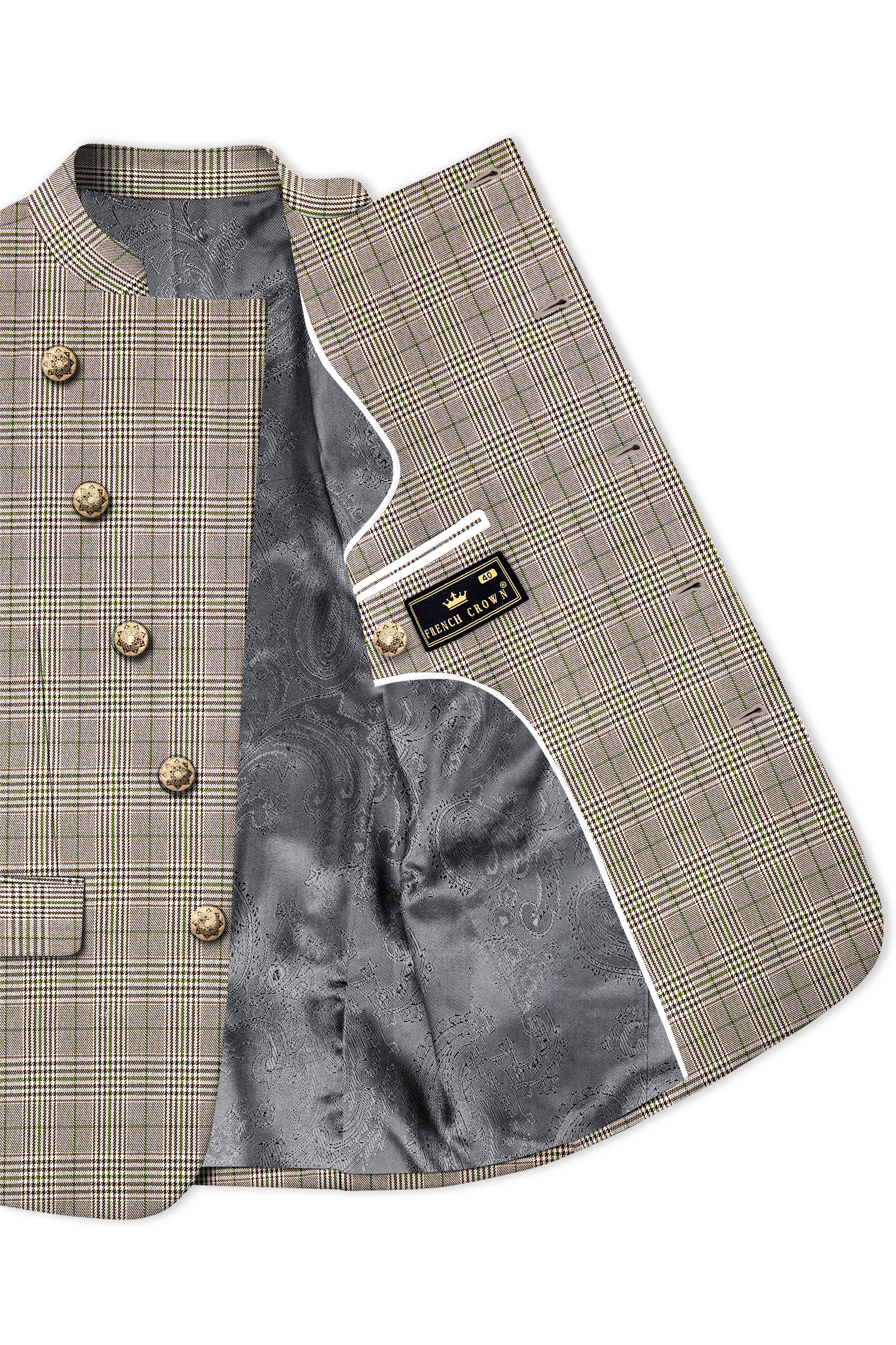Nawab-Tundora Brown Plaid Wool Rich Cross Placket Bandhgala Suit ST5451-CBG-36, ST5451-CBG-38, ST5451-CBG-40, ST5451-CBG-42, ST5451-CBG-44, ST5451-CBG-46, ST5451-CBG-48, ST5451-CBG-50, ST5451-CBG-52, ST5451-CBG-54, ST5451-CBG-56, ST5451-CBG-58, ST5451-CBG-60
