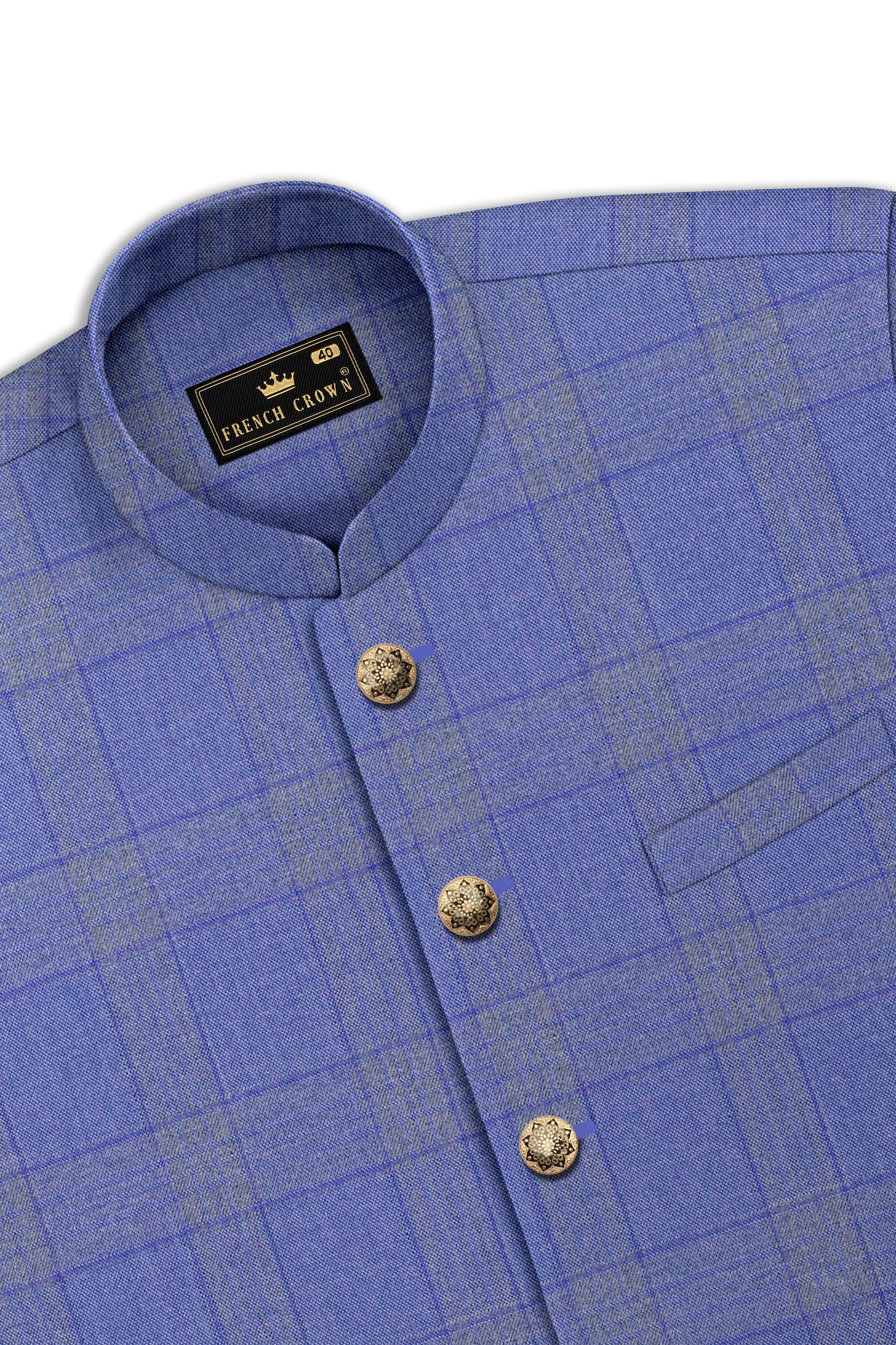 Cobalt-Scampi Blue Plaid Wool Rich Bandhgala Suit