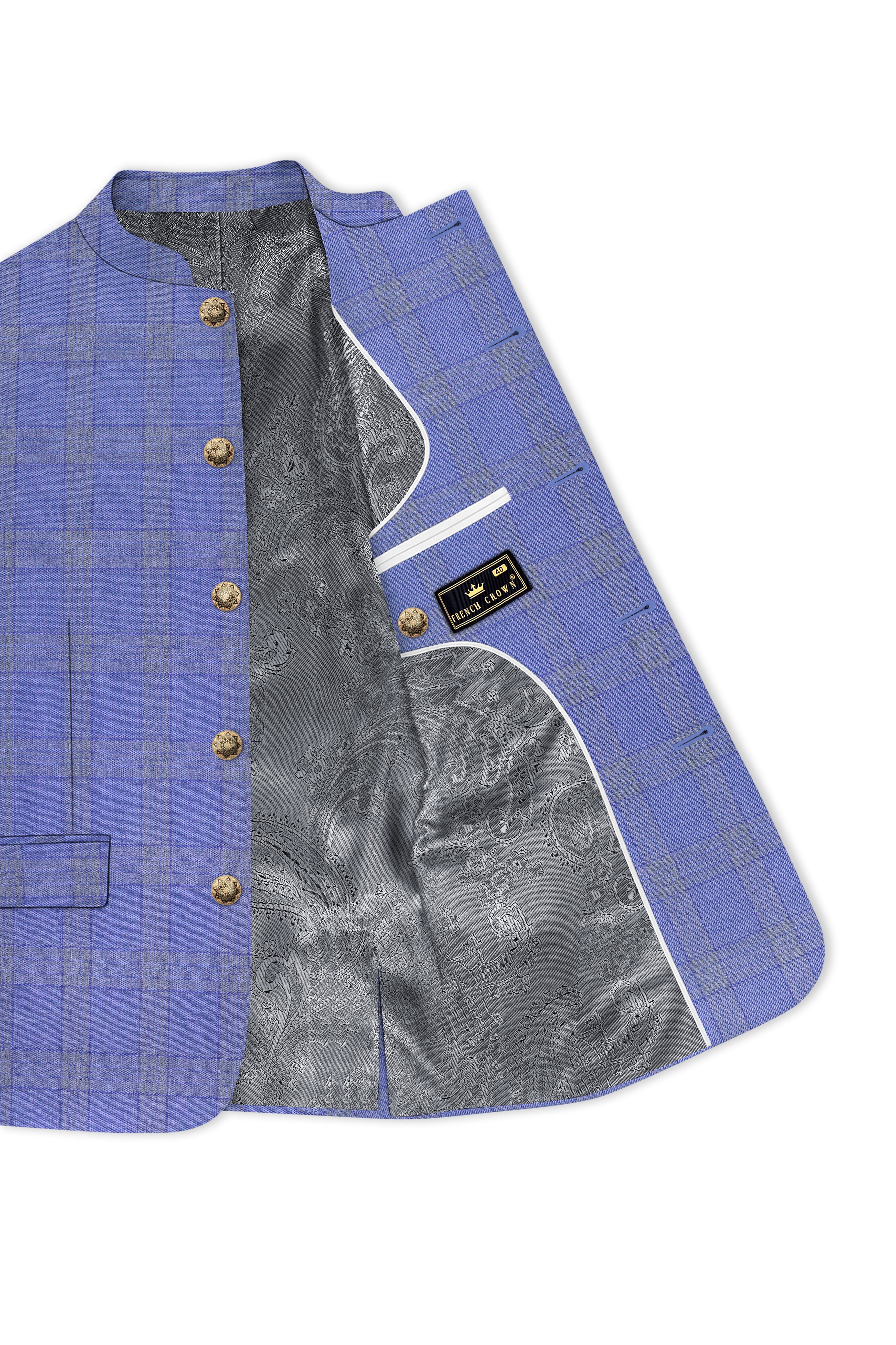 Cobalt-Scampi Blue Plaid Wool Rich Bandhgala Suit
