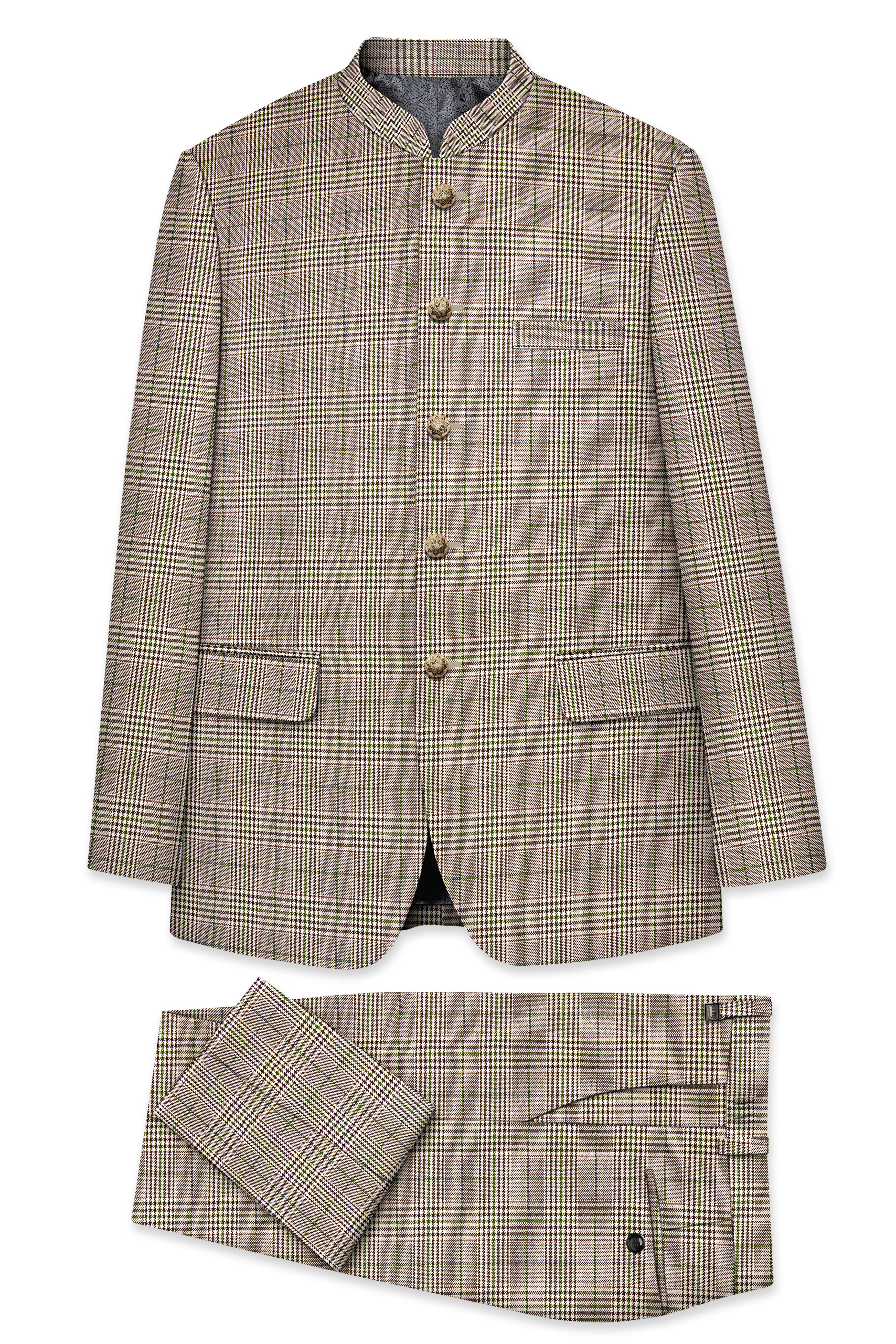 Nawab-Tundora Brown Plaid Wool Rich Bandhgala Suit ST5453-BG-36, ST5453-BG-38, ST5453-BG-40, ST5453-BG-42, ST5453-BG-44, ST5453-BG-46, ST5453-BG-48, ST5453-BG-50, ST5453-BG-52, ST5453-BG-54, ST5453-BG-56, ST5453-BG-58, ST5453-BG-60