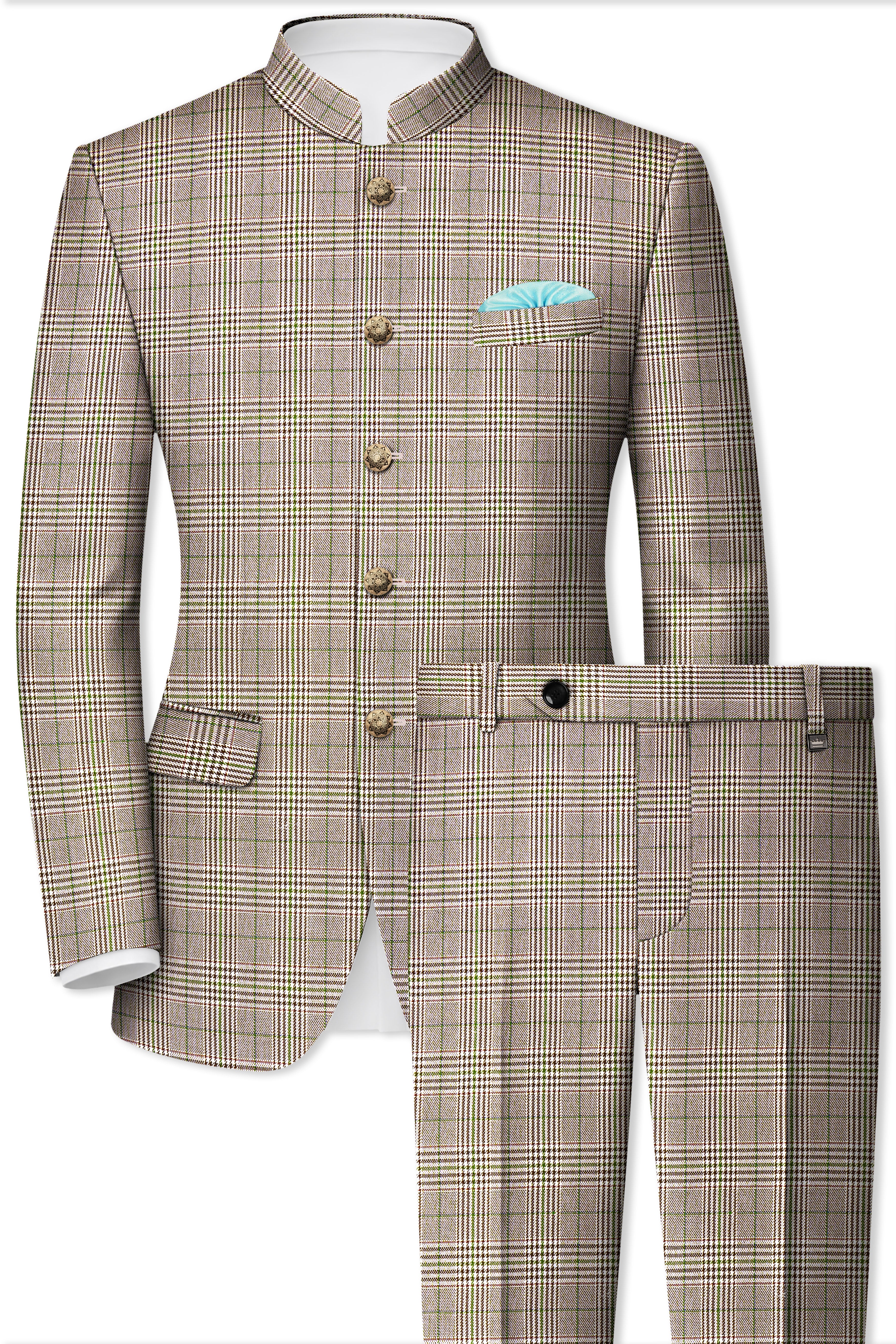 Nawab-Tundora Brown Plaid Wool Rich Bandhgala Suit