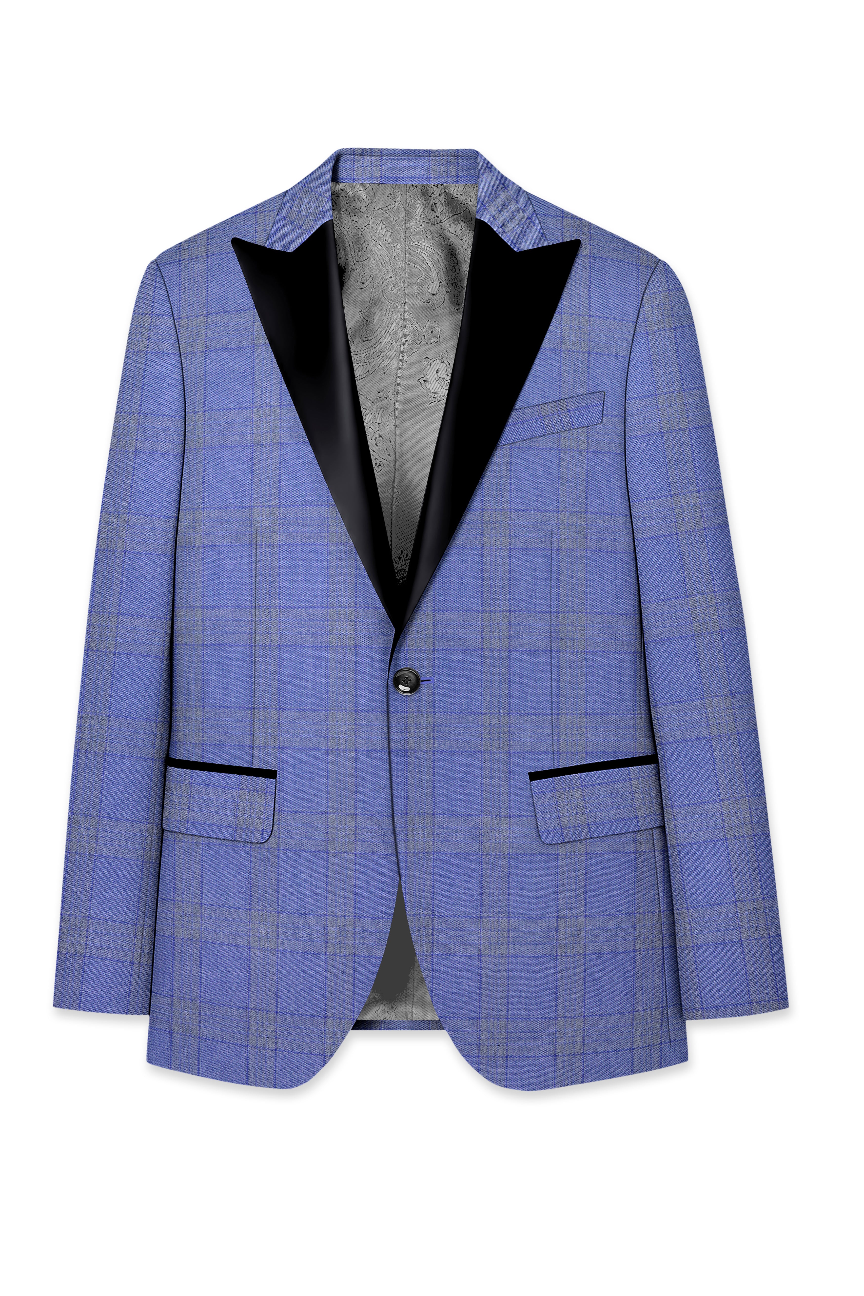 Cobalt-Scampi Blue Plaid Wool Rich Peak Lapel Tuxedo Suit