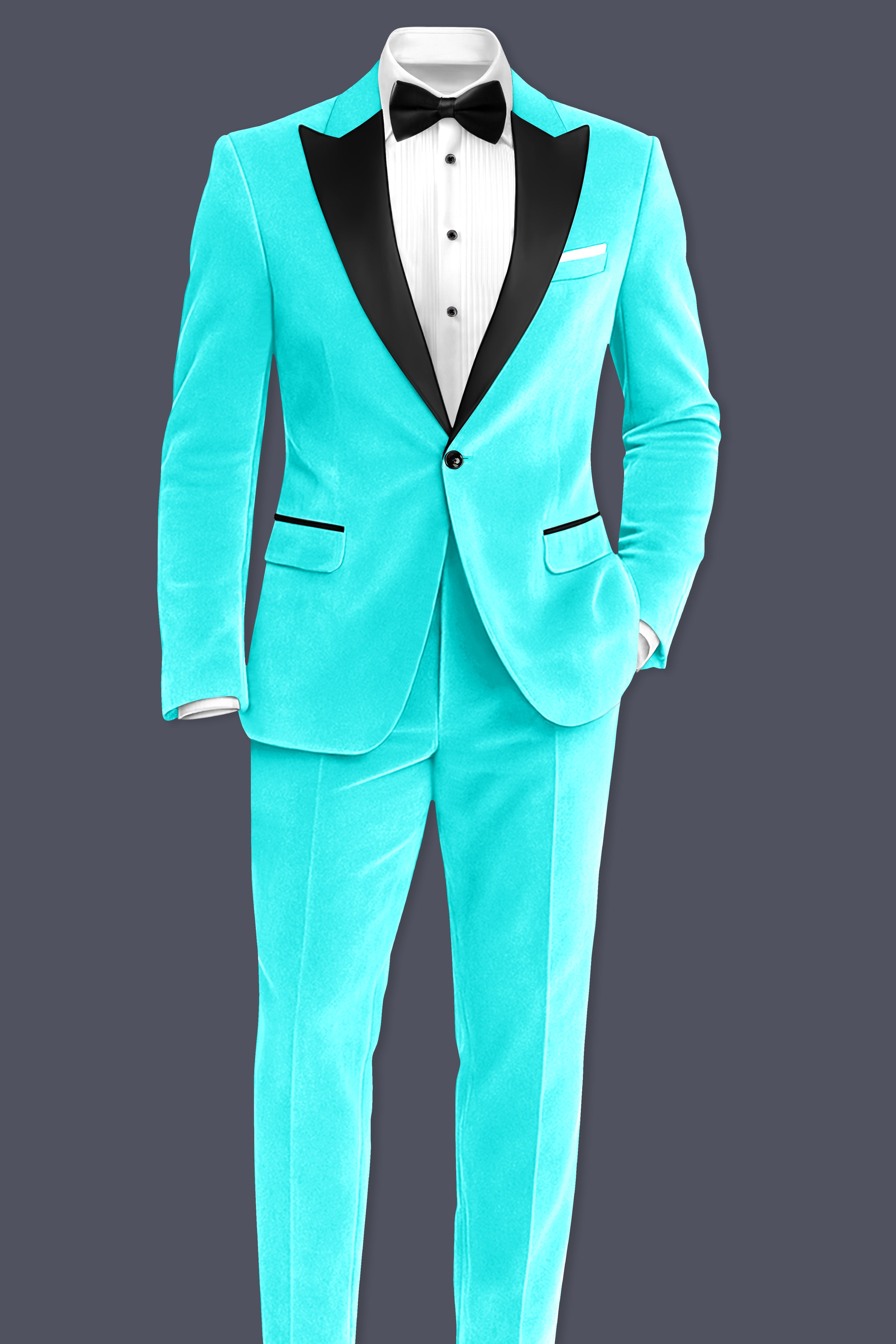 Sovereign-Turquoise Blue Velvet Peak Lapel Tuxedo Suit