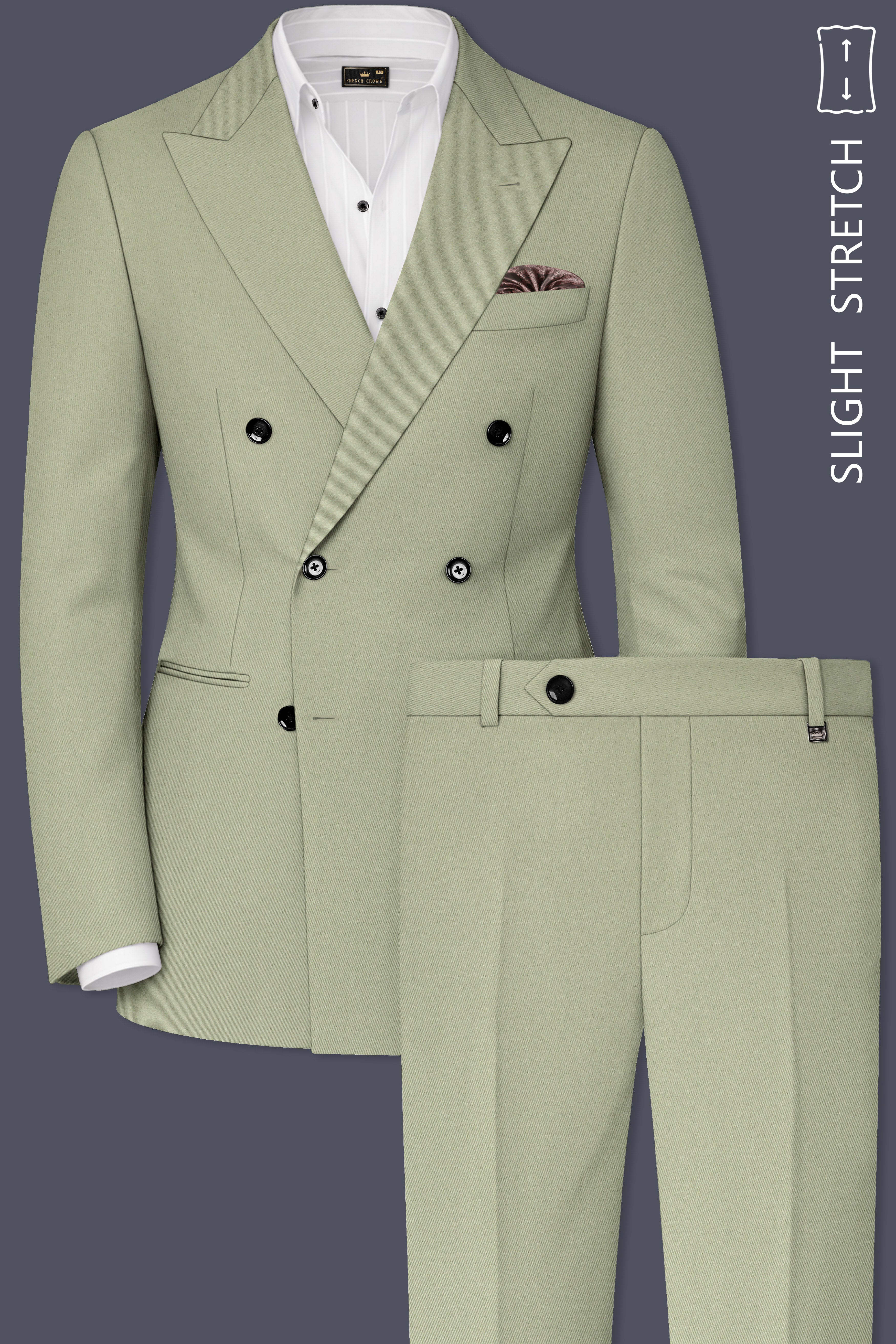 Verdan-Sage Green Slight Stretch Subtle Sheen Poly-Viscose Double Breasted Suit