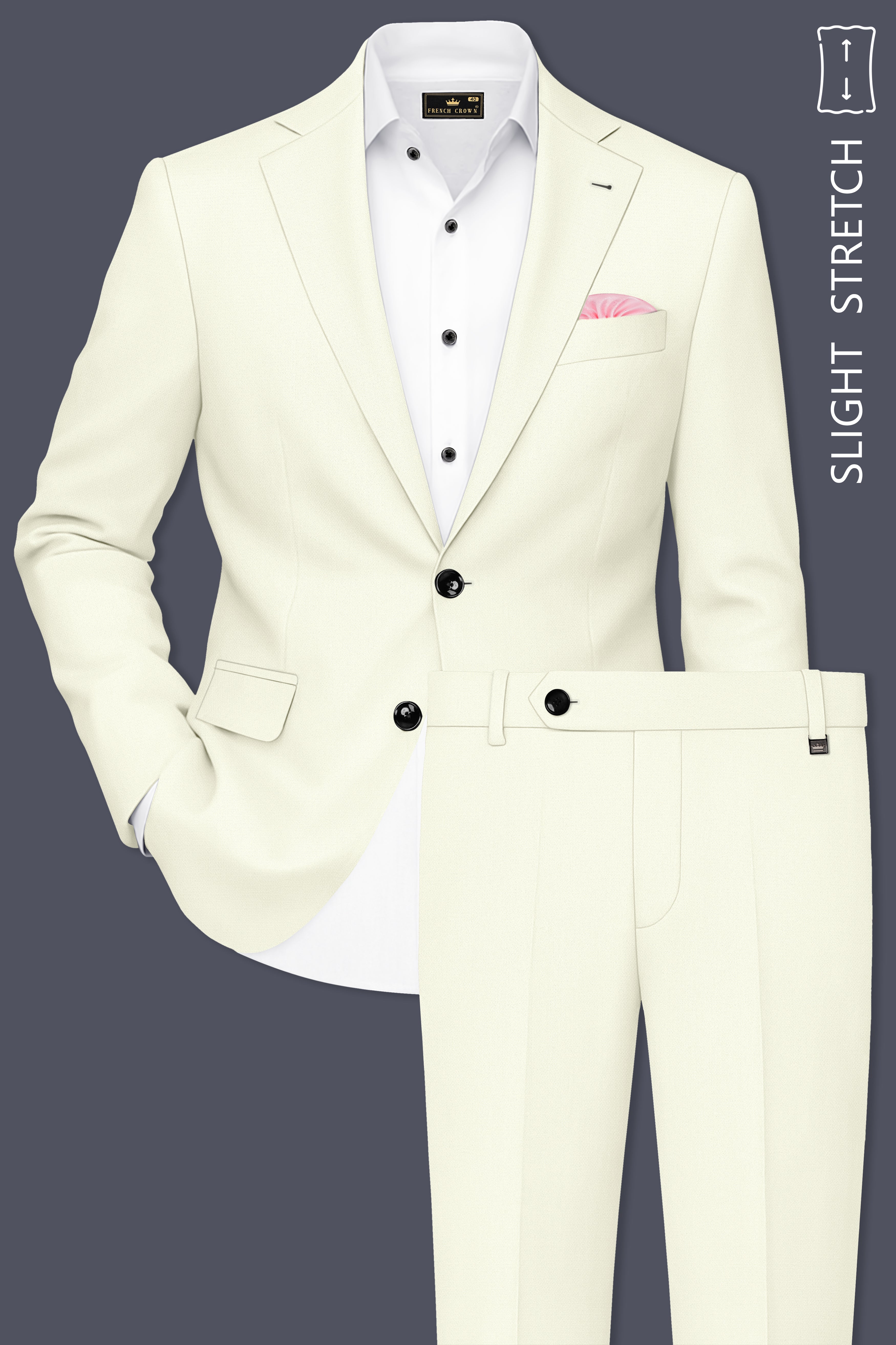 Ecru-Merino Off White Diamond Textured Wool Rich Slight Stretch Single Breasted Suit