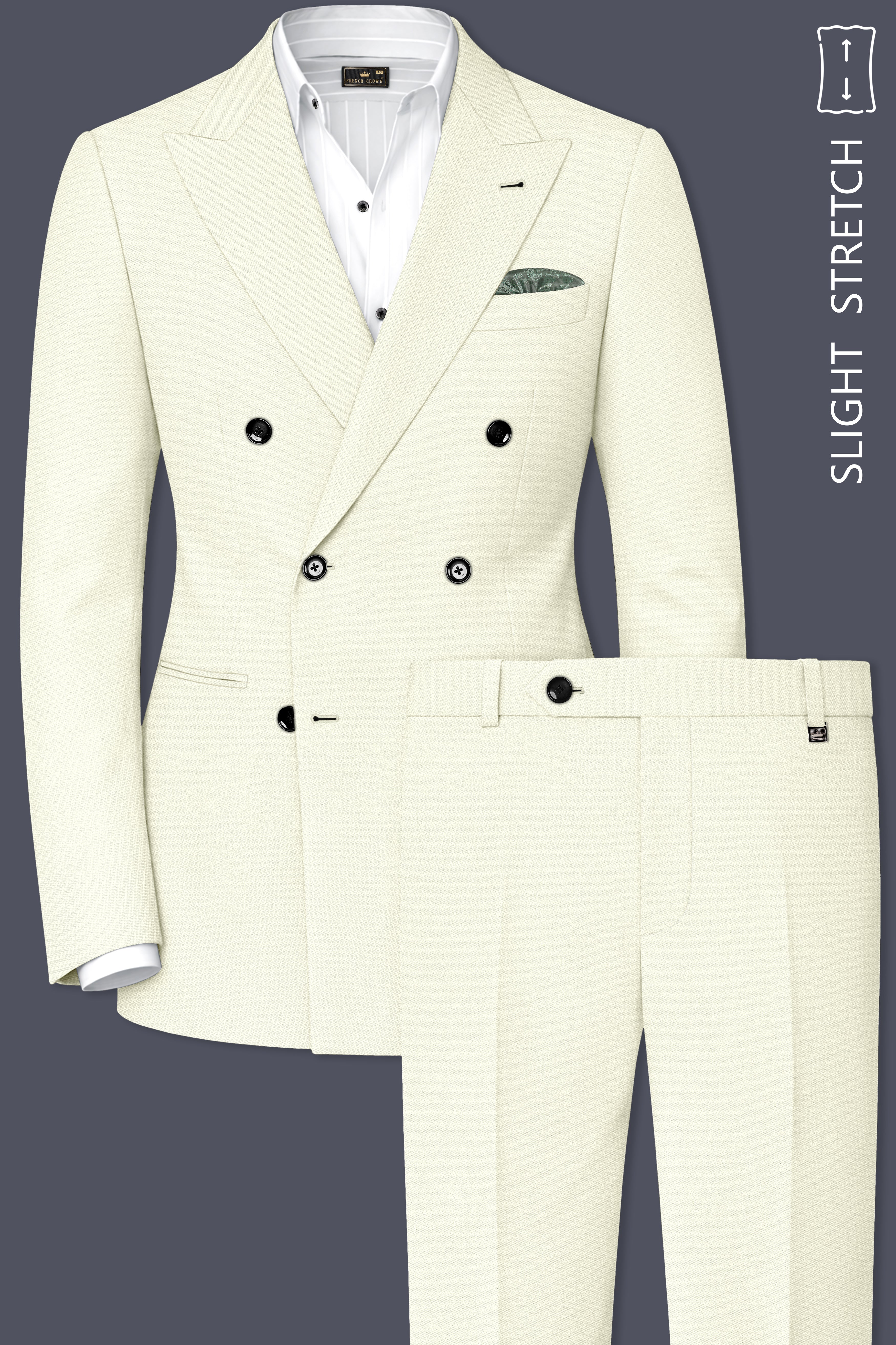 Ecru-Merino Off White Diamond Textured Wool Rich Slight Stretch Double Breasted Suit