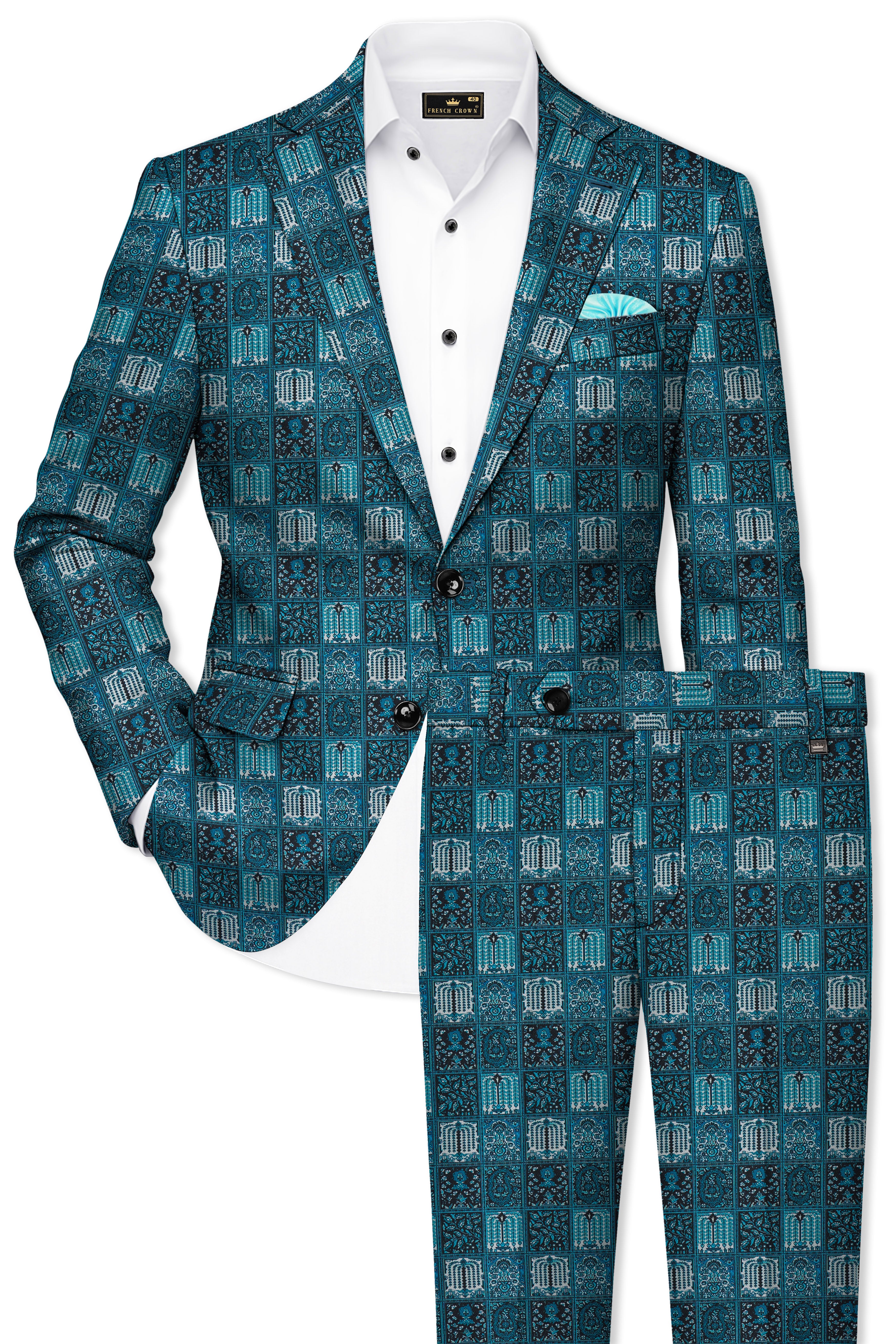 Zenith-Astronaut Blue Geometric Mosaic Printed Wool Rich Single Breasted Suit