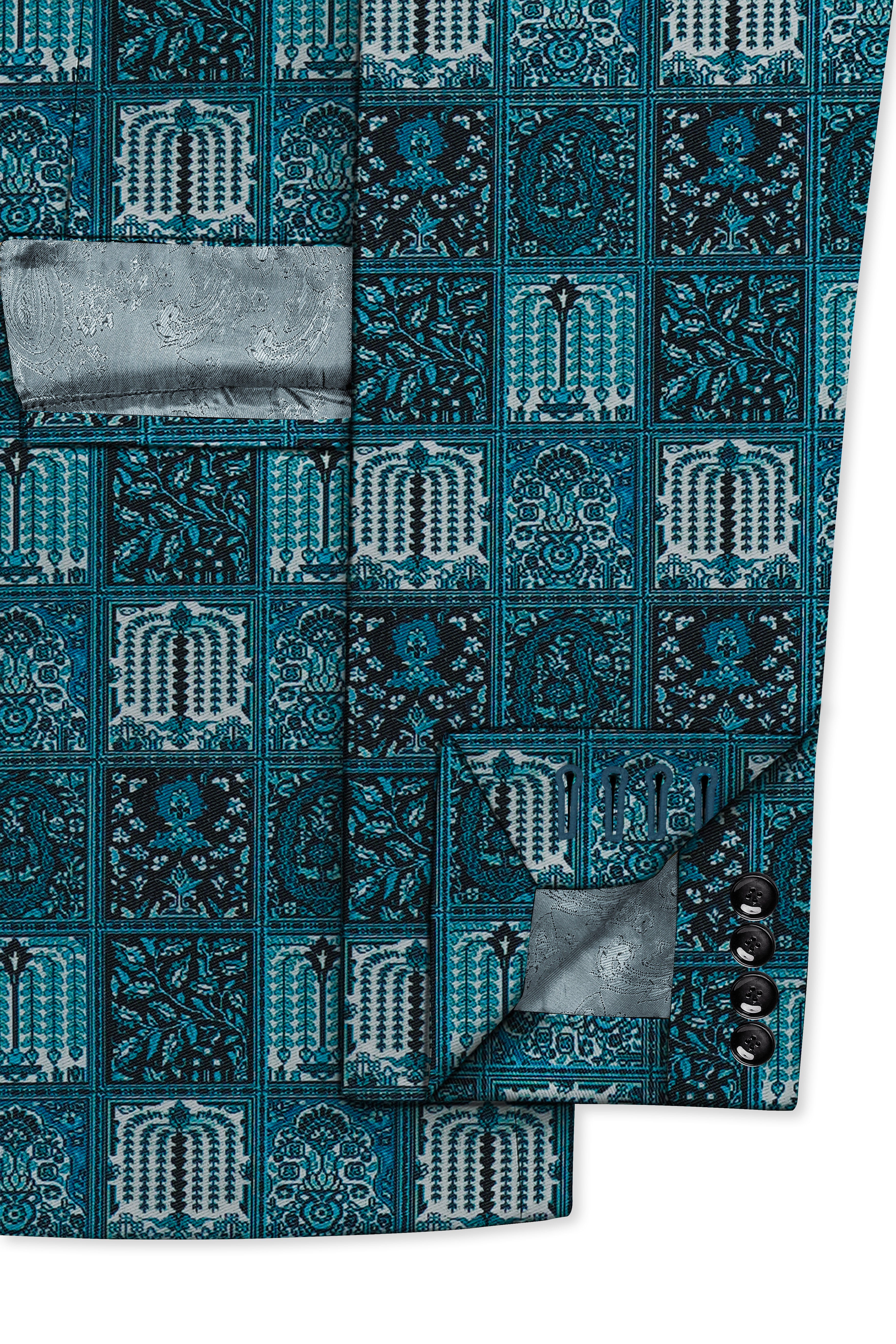 Zenith-Astronaut Blue Geometric Mosaic Printed Wool Rich Single Breasted Suit