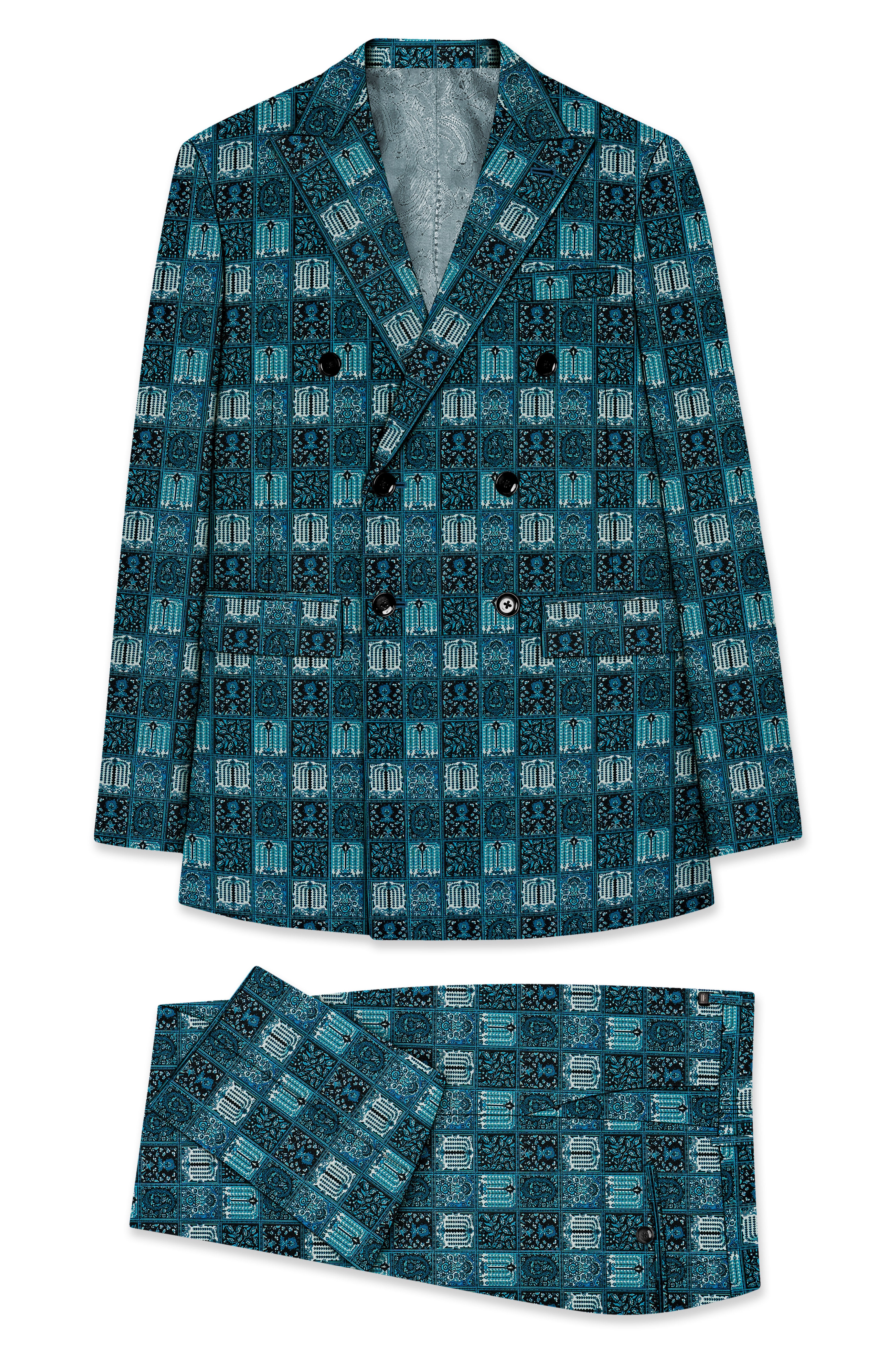 Zenith-Astronaut Blue Geometric Mosaic Printed Wool Rich Double Breasted Suit
