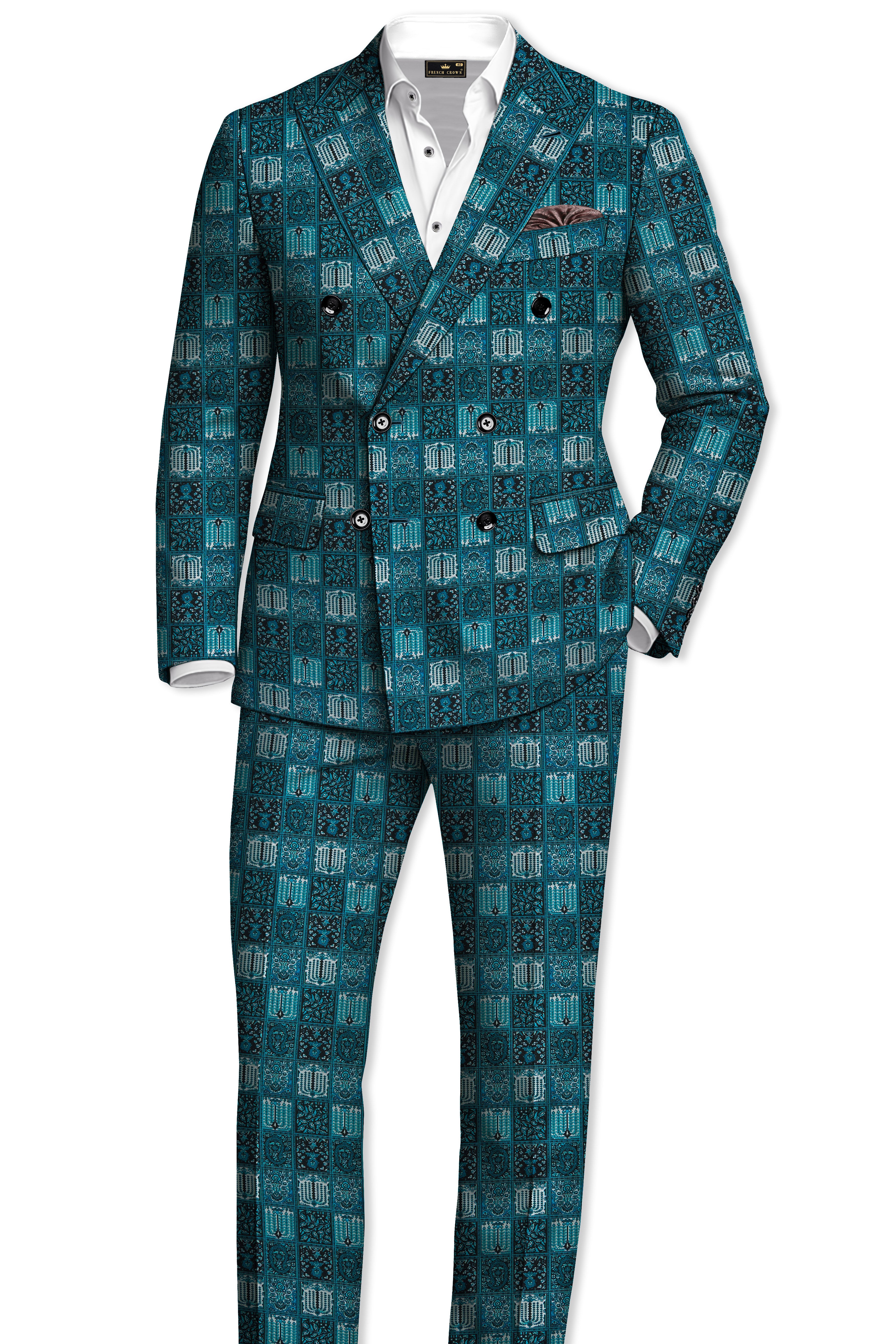 Zenith-Astronaut Blue Geometric Mosaic Printed Wool Rich Double Breasted Suit