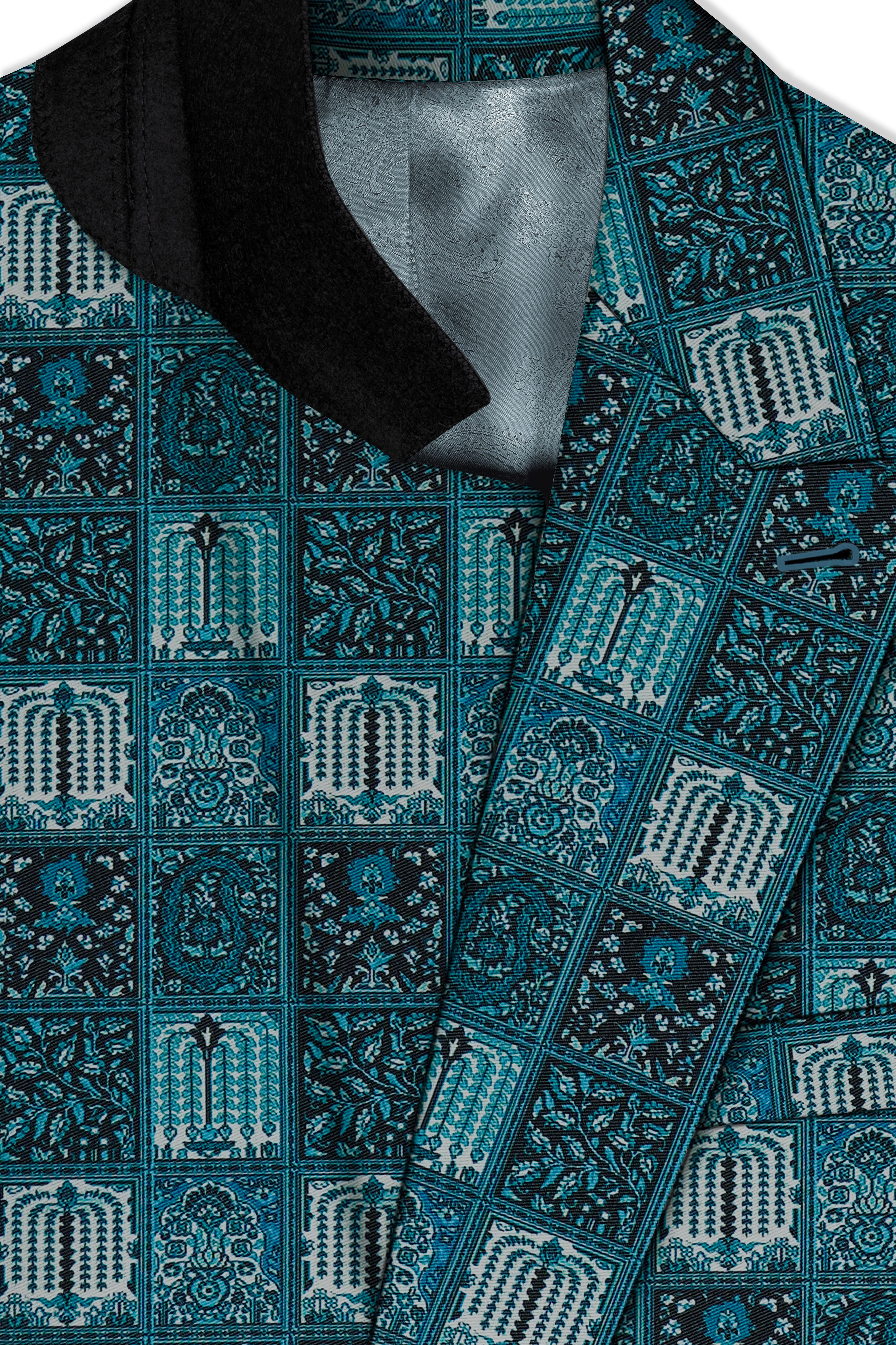 Zenith-Astronaut Blue Geometric Mosaic Printed Wool Rich Double Breasted Suit