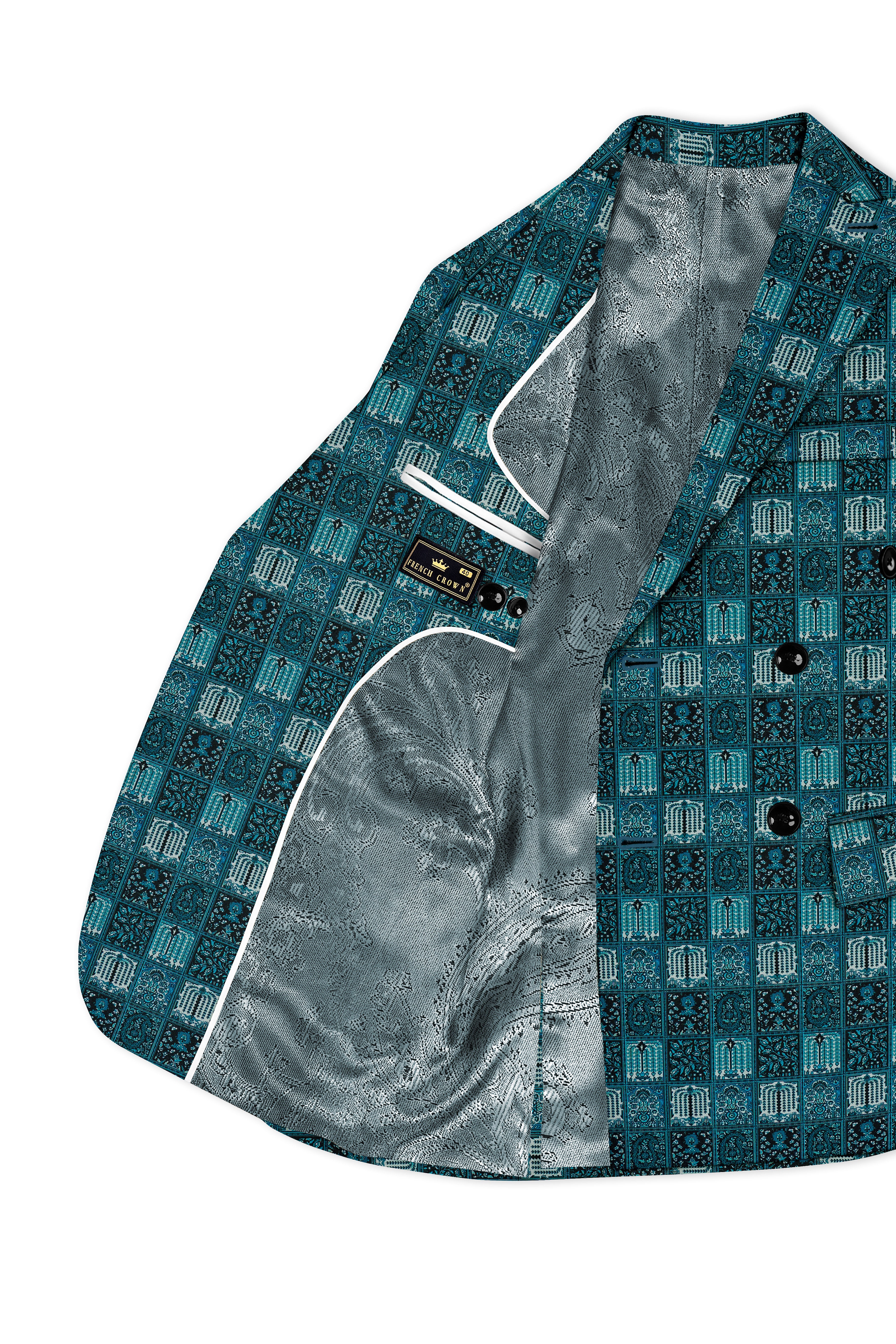 Zenith-Astronaut Blue Geometric Mosaic Printed Wool Rich Double Breasted Suit