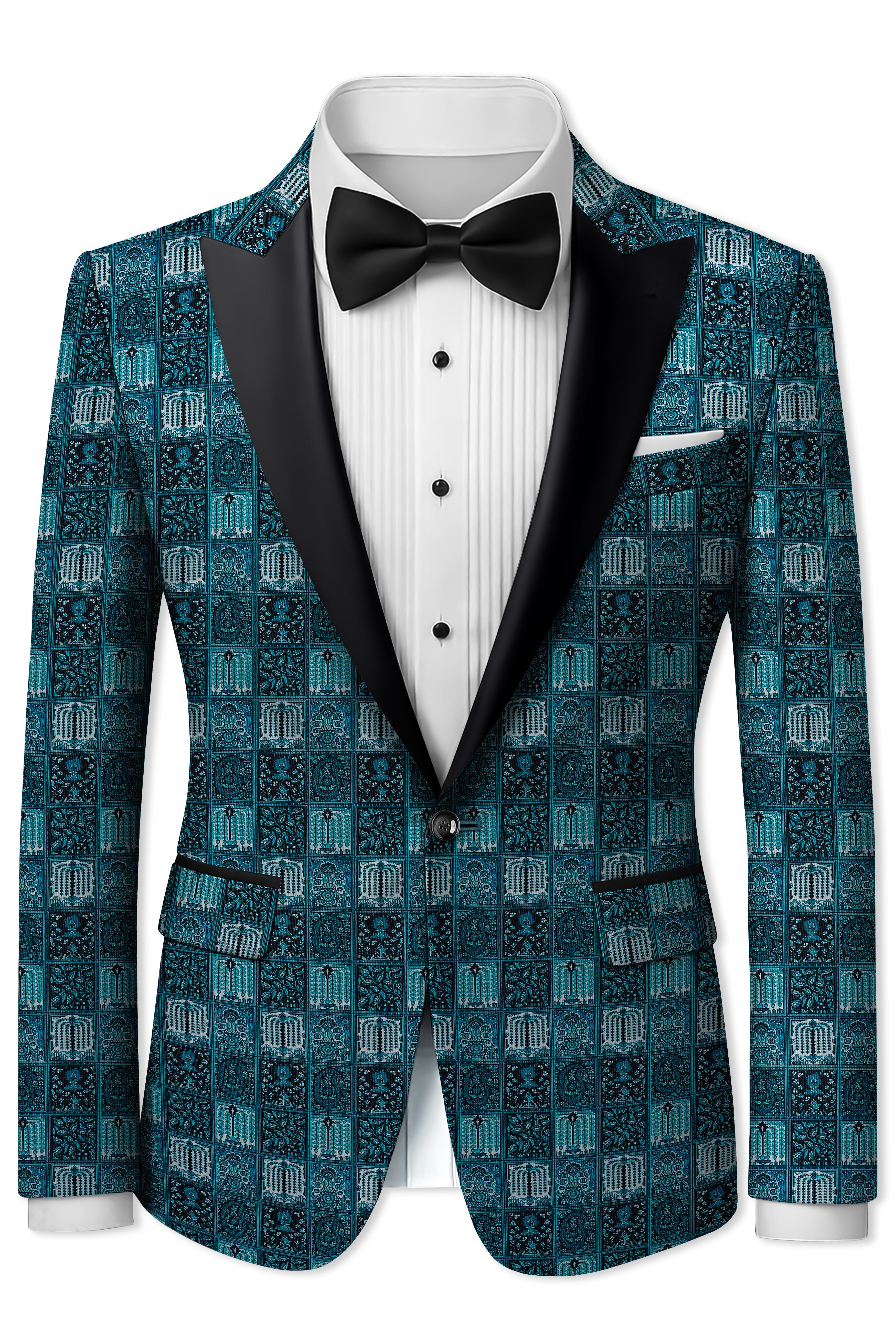 Zenith-Astronaut Blue Geometric Mosaic Printed Wool Rich Peak Lapel Tuxedo Suit