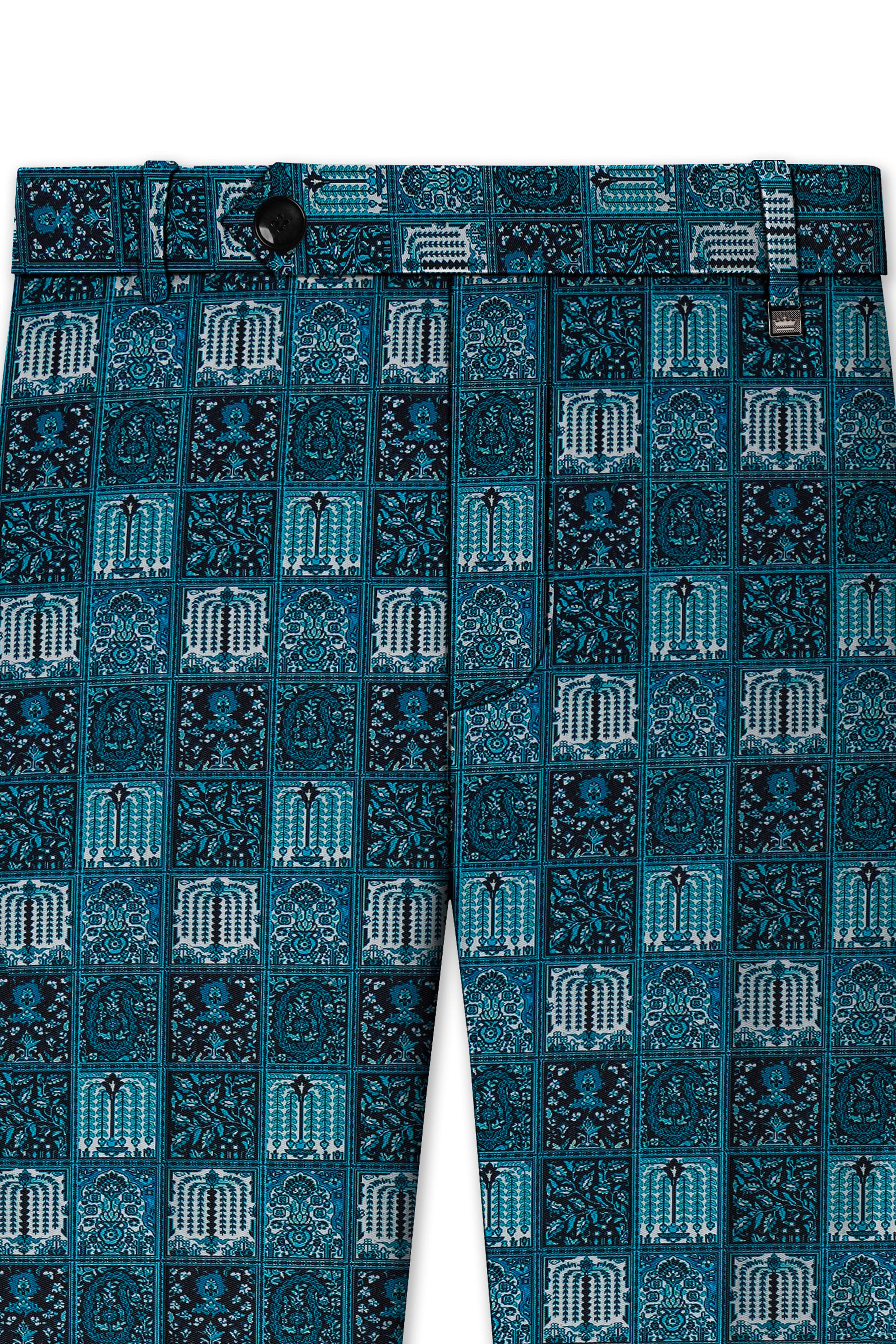 Zenith-Astronaut Blue Geometric Mosaic Printed Wool Rich Peak Lapel Tuxedo Suit