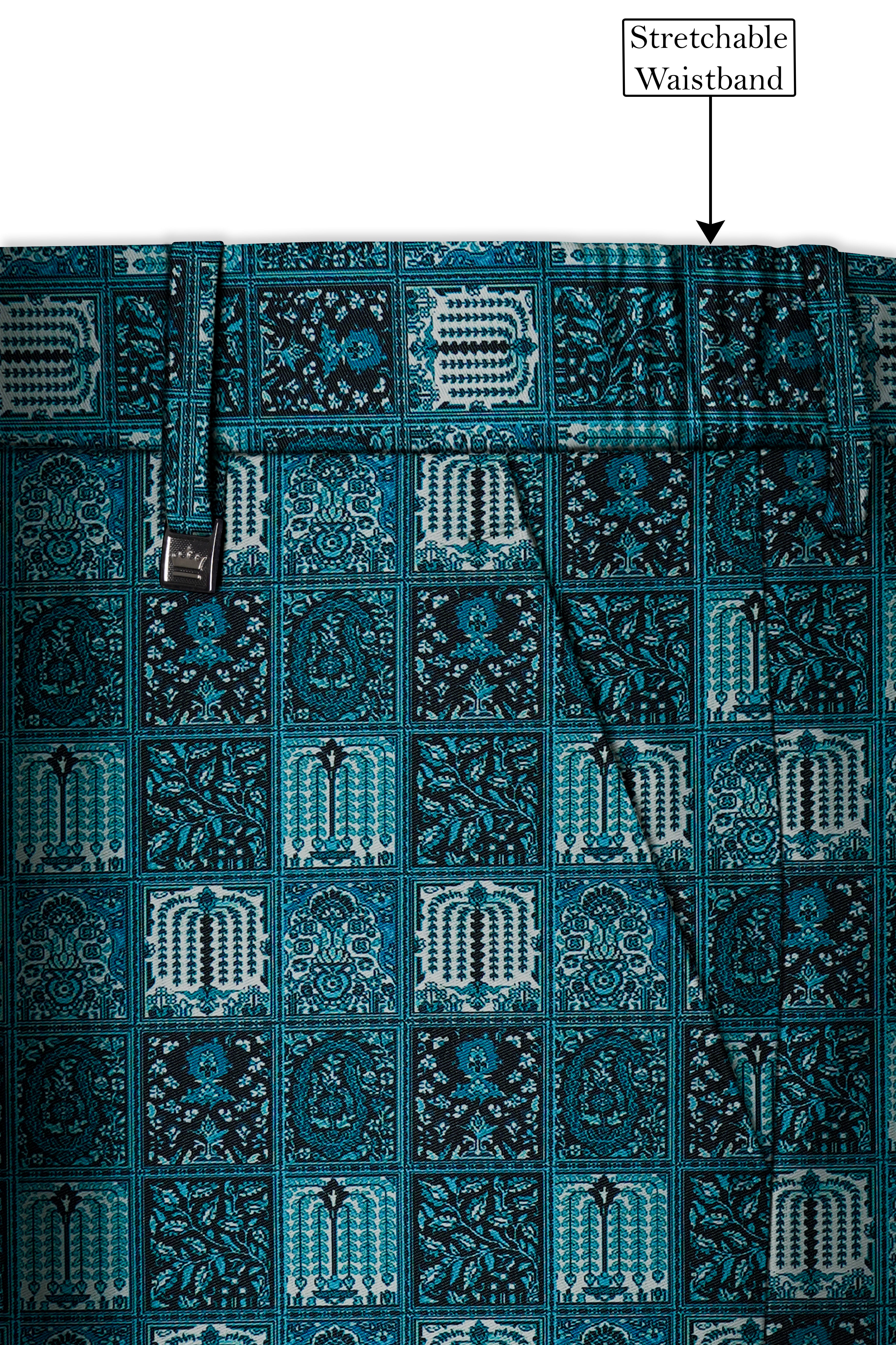 Zenith-Astronaut Blue Geometric Mosaic Printed Wool Rich Peak Lapel Tuxedo Suit