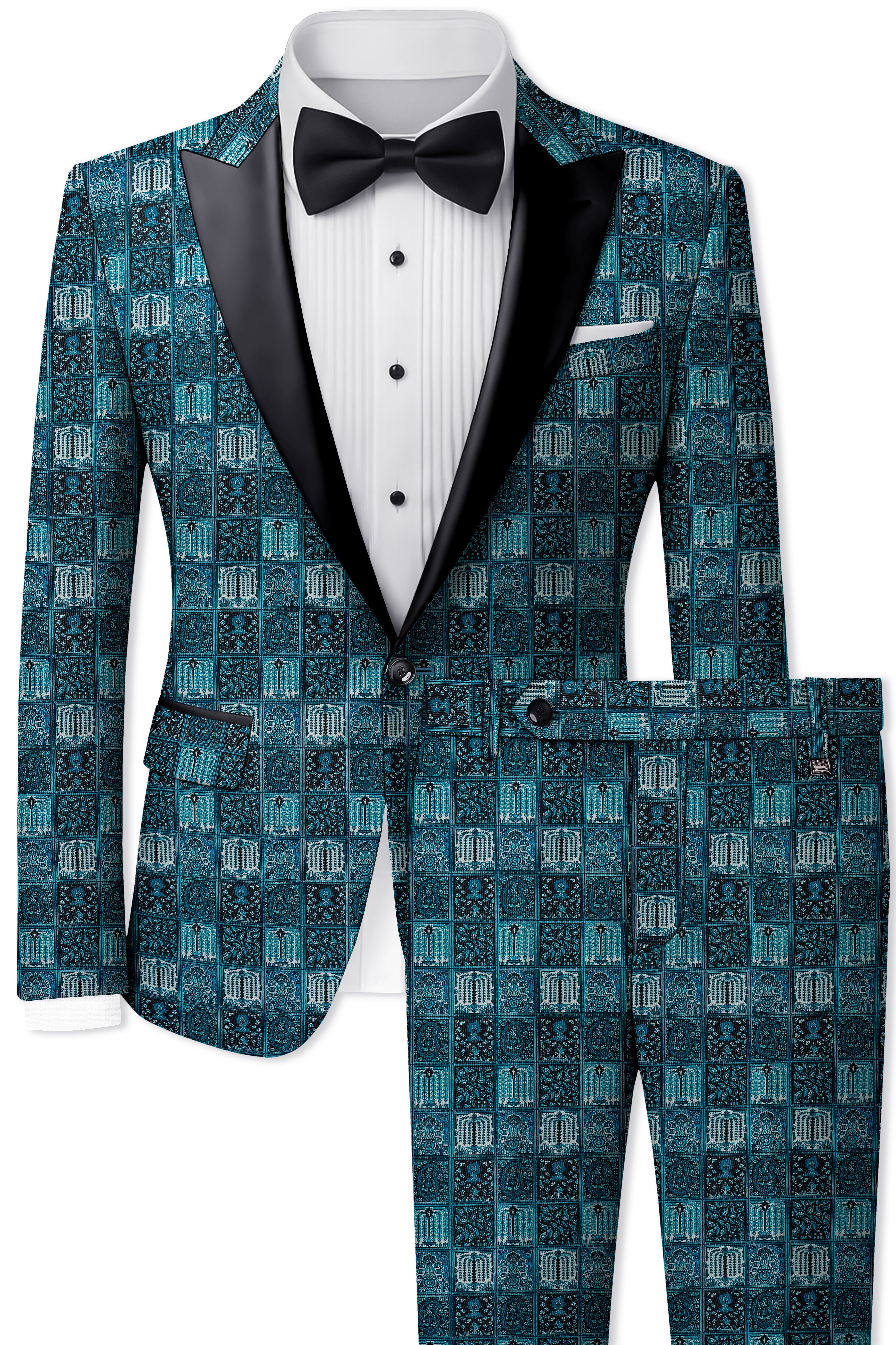 Zenith-Astronaut Blue Geometric Mosaic Printed Wool Rich Peak Lapel Tuxedo Suit