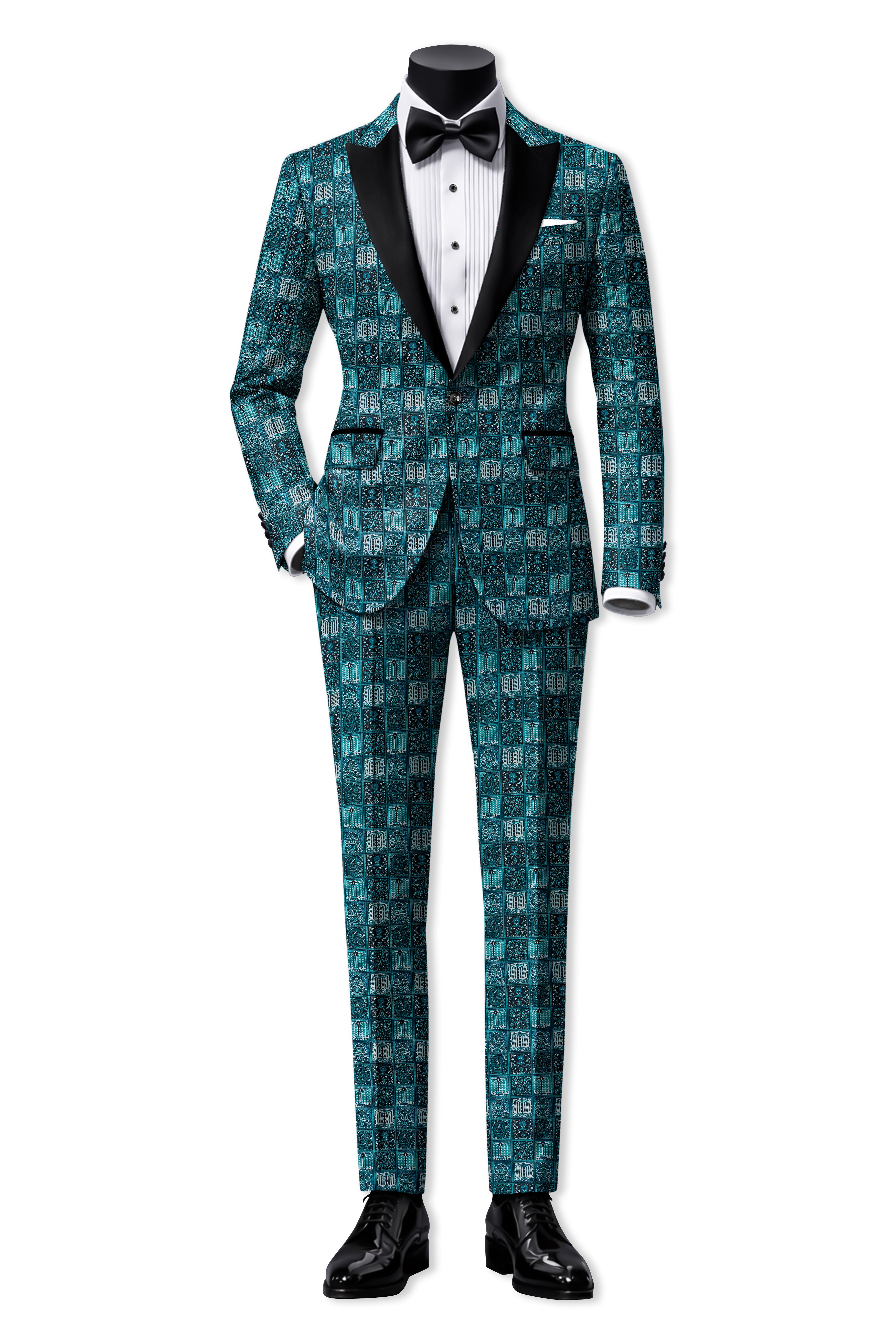 Zenith-Astronaut Blue Geometric Mosaic Printed Wool Rich Peak Lapel Tuxedo Suit