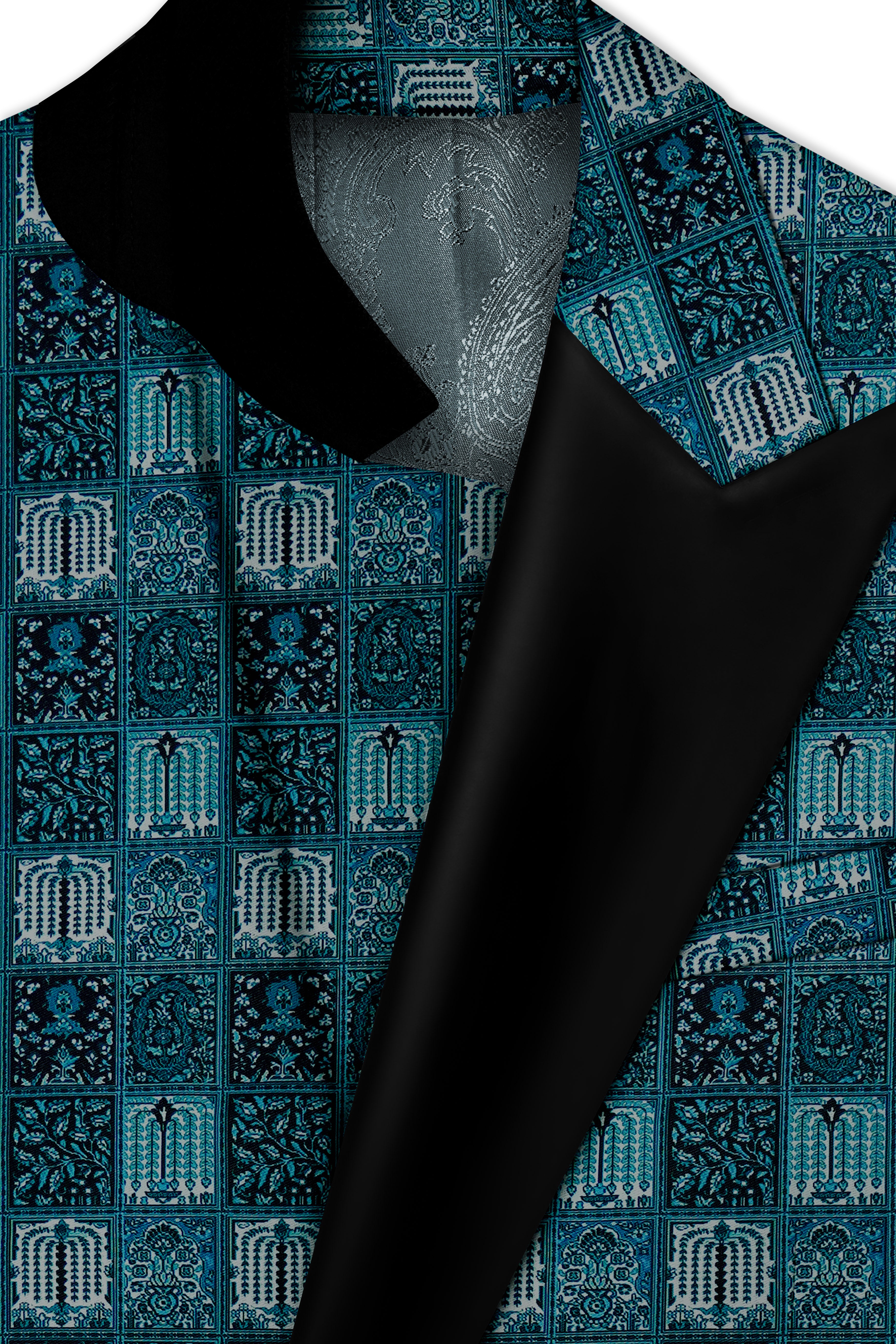 Zenith-Astronaut Blue Geometric Mosaic Printed Wool Rich Peak Lapel Tuxedo Suit