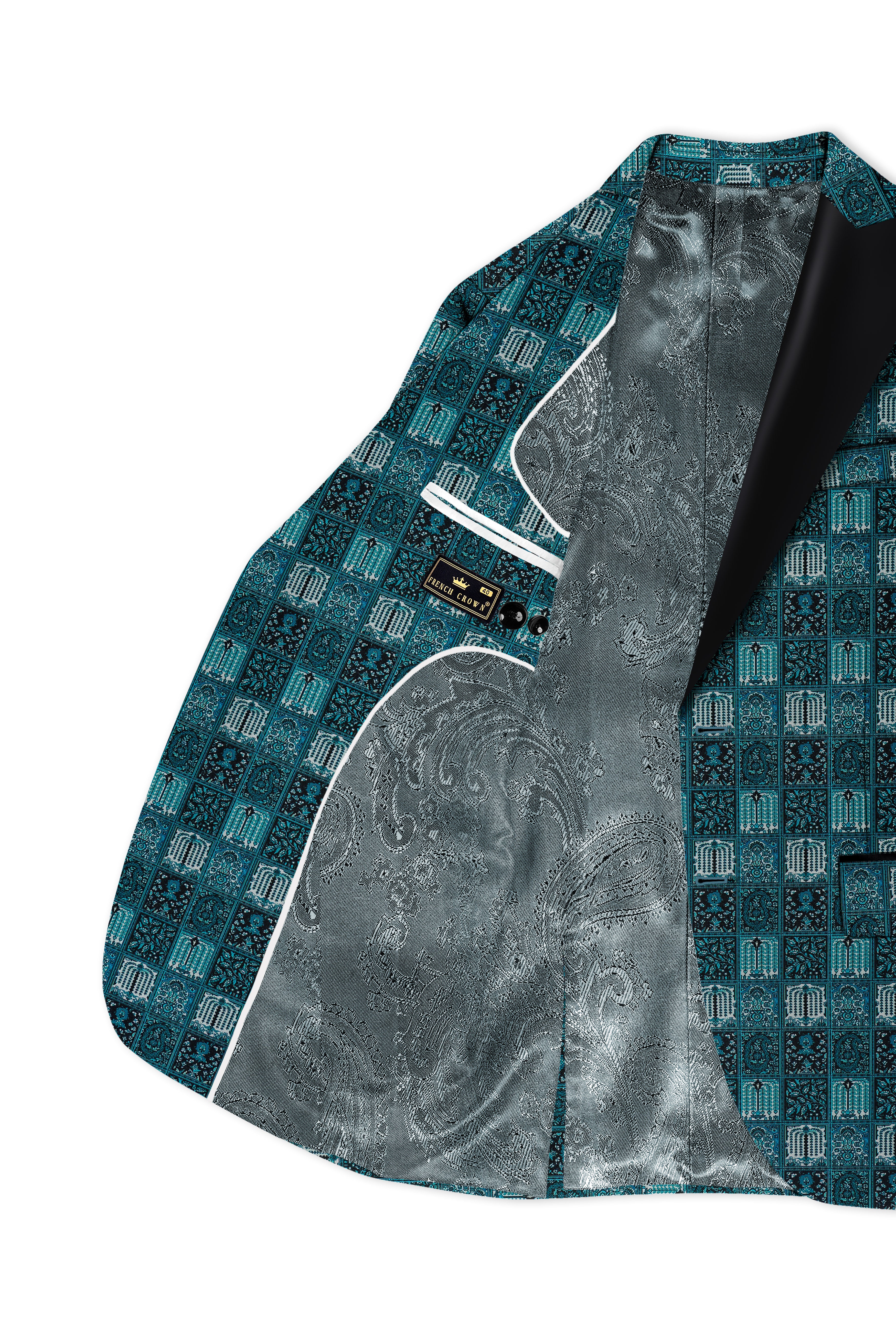 Zenith-Astronaut Blue Geometric Mosaic Printed Wool Rich Peak Lapel Tuxedo Suit