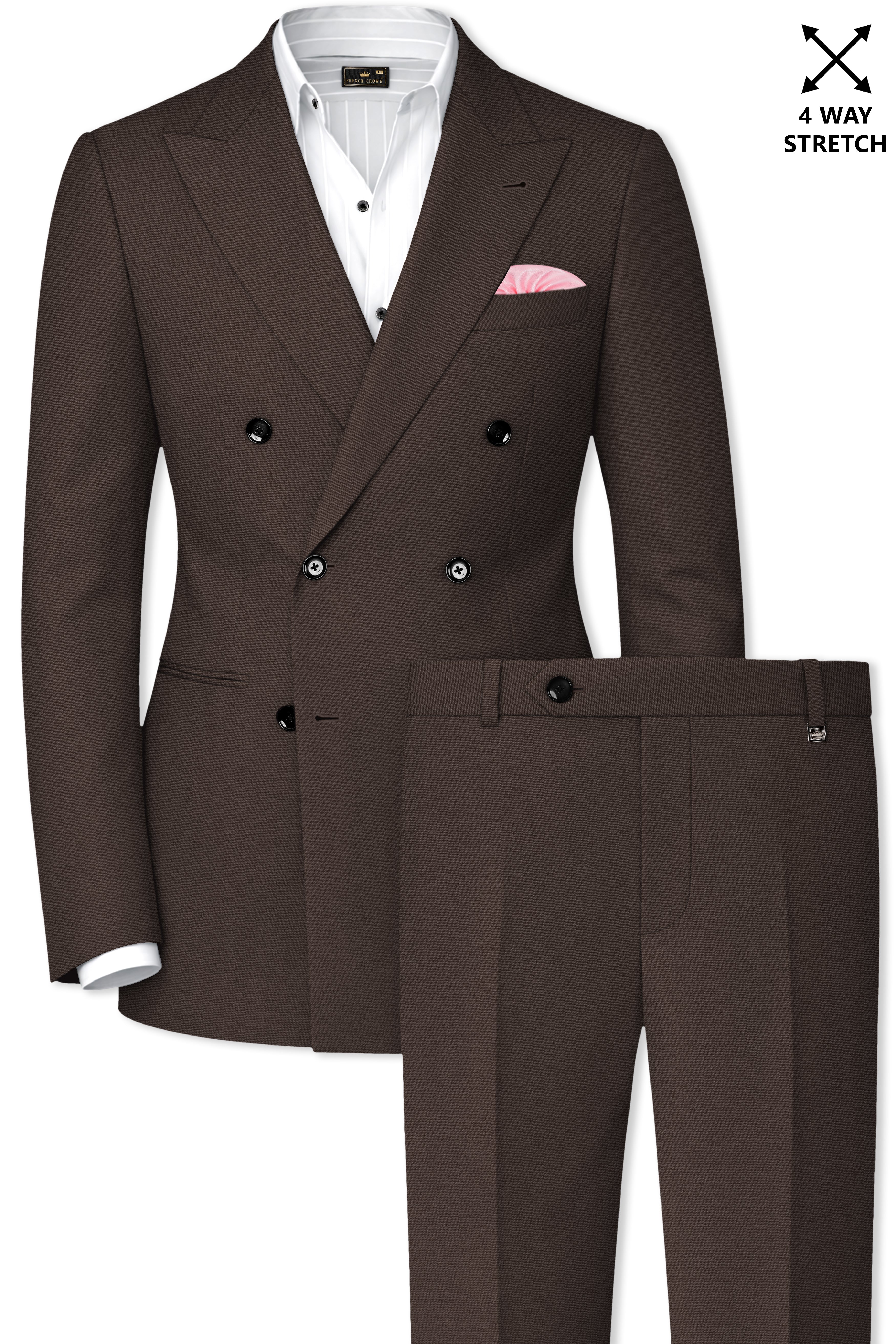 Serein-Korean Taupe Brown 4-Way Stretch Wrinkle-Free Wool Rich Double Breasted Suit
