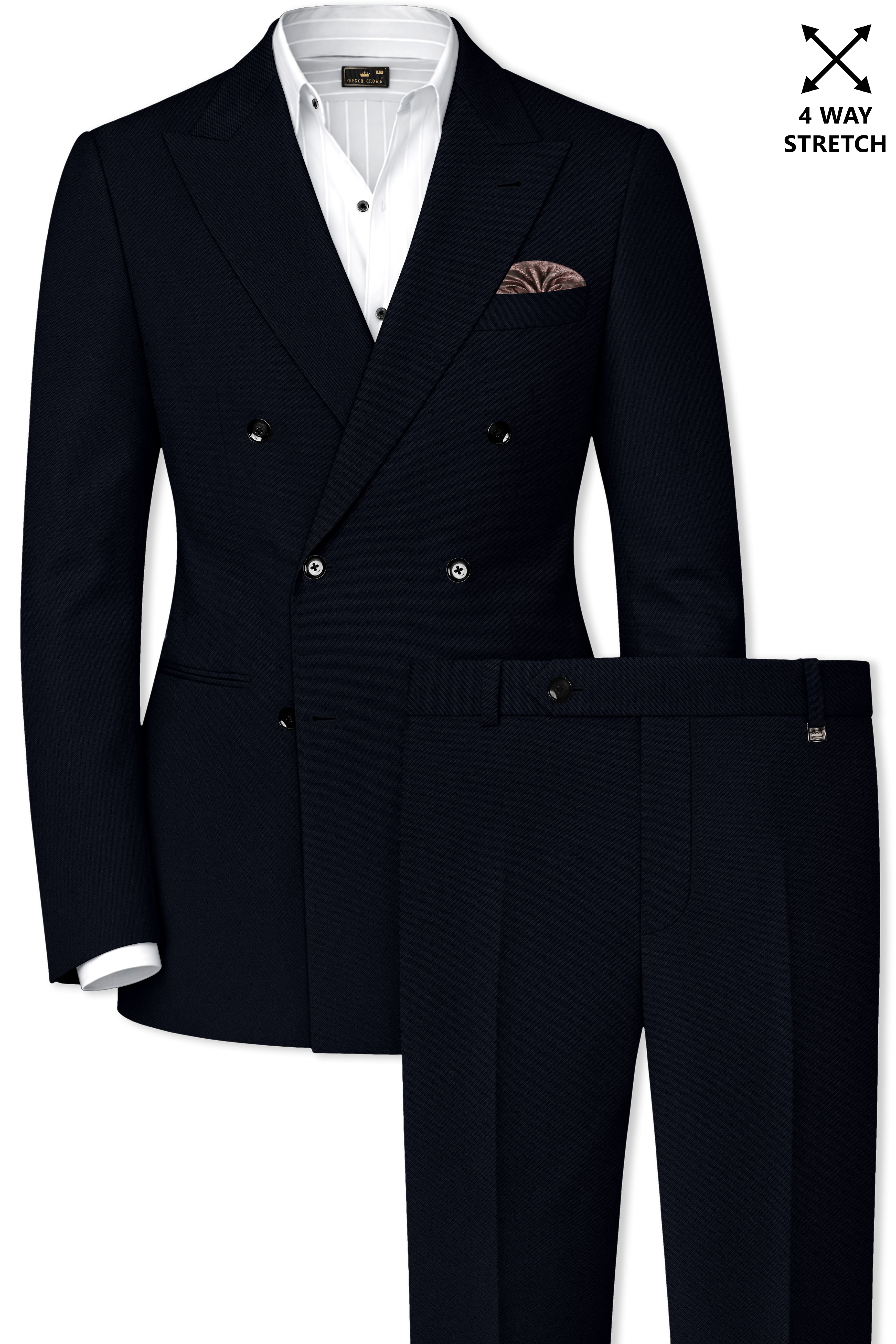 Nero-Korean Tealish Navy 4-Way Stretch Wrinkle-Free Wool Rich Double Breasted Suit