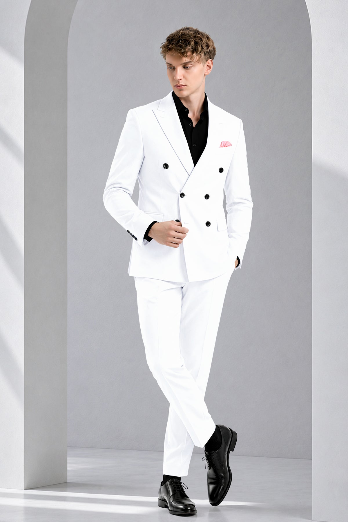 Ivory-Bright White Wool Rich Slight Stretch Double Breasted Suit