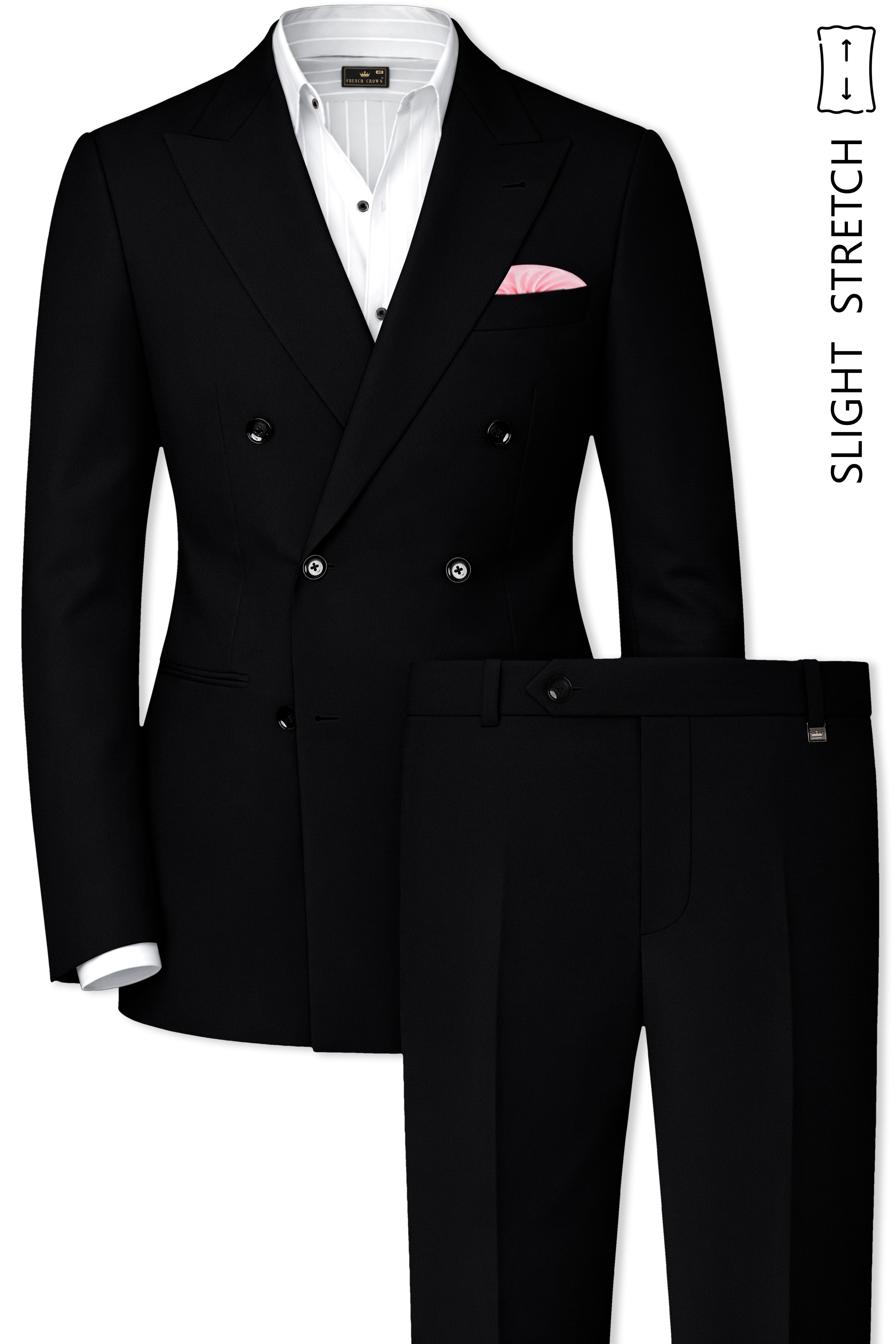 Noir-Jade Black Wool Rich Slight Stretch Double Breasted Suit