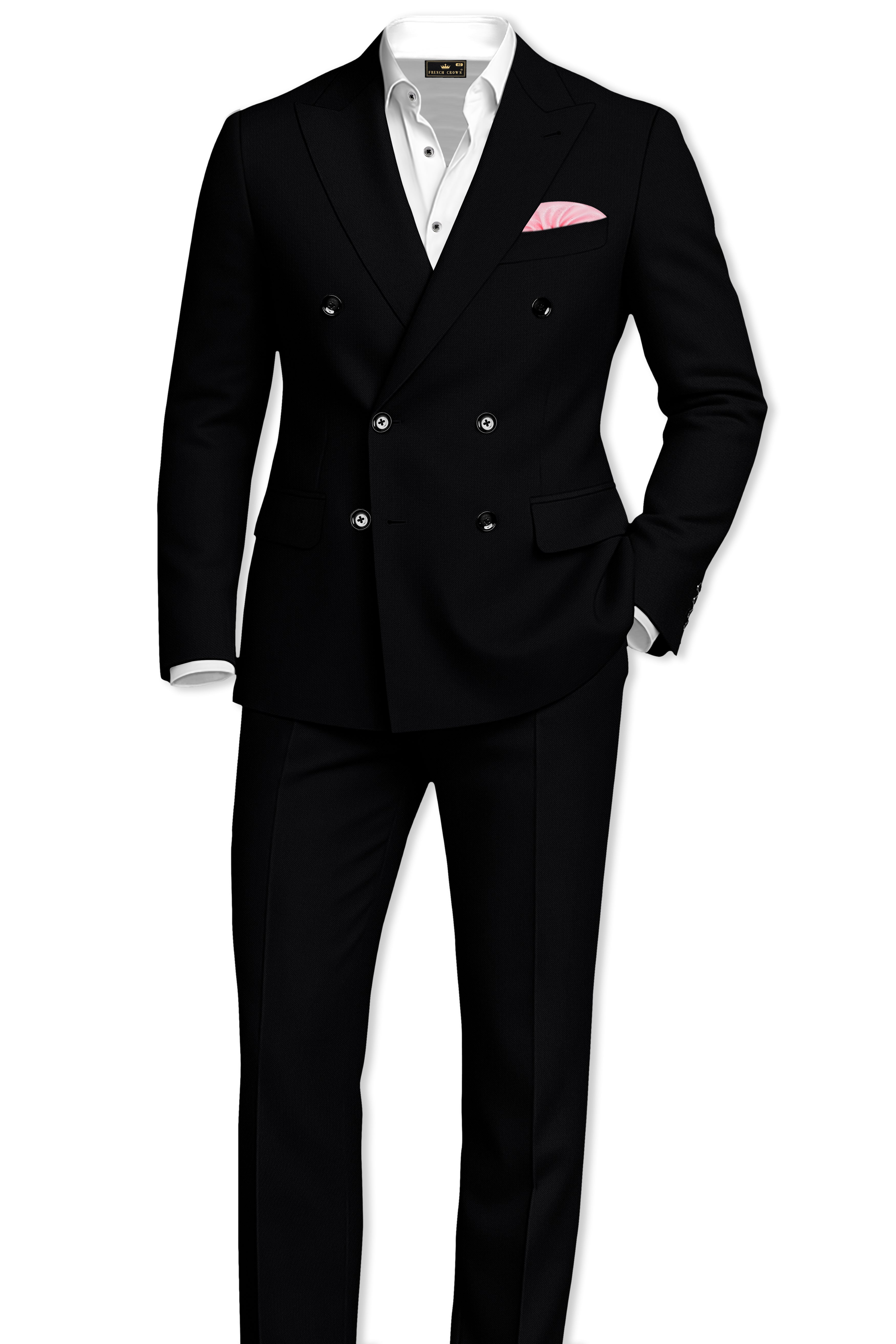 Noir-Jade Black Wool Rich Slight Stretch Double Breasted Suit